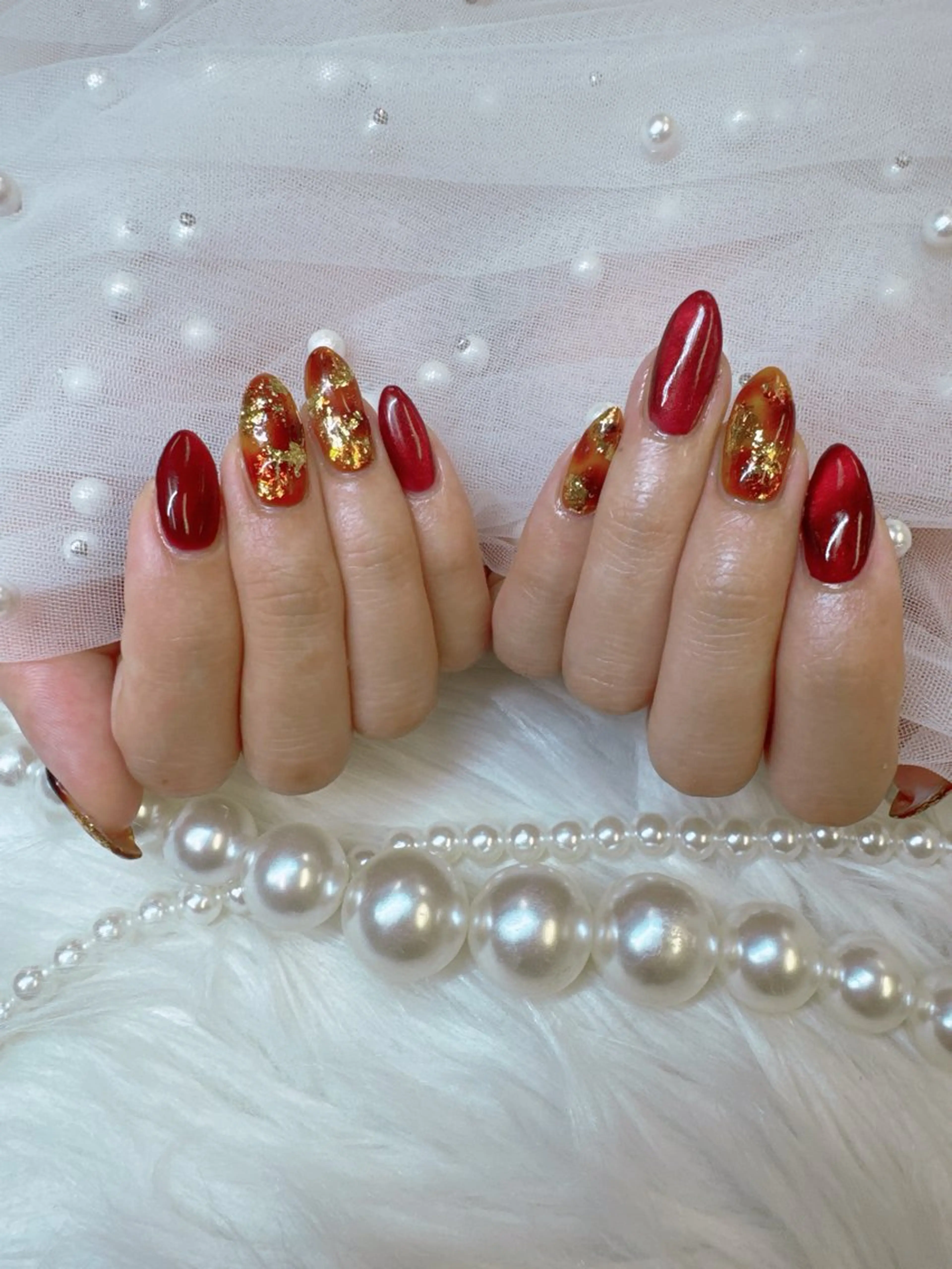 ネイル アートネイル べっ甲ネイル ボルドー チークネイル フレンチネイル Queeens nailのネイルデザイン