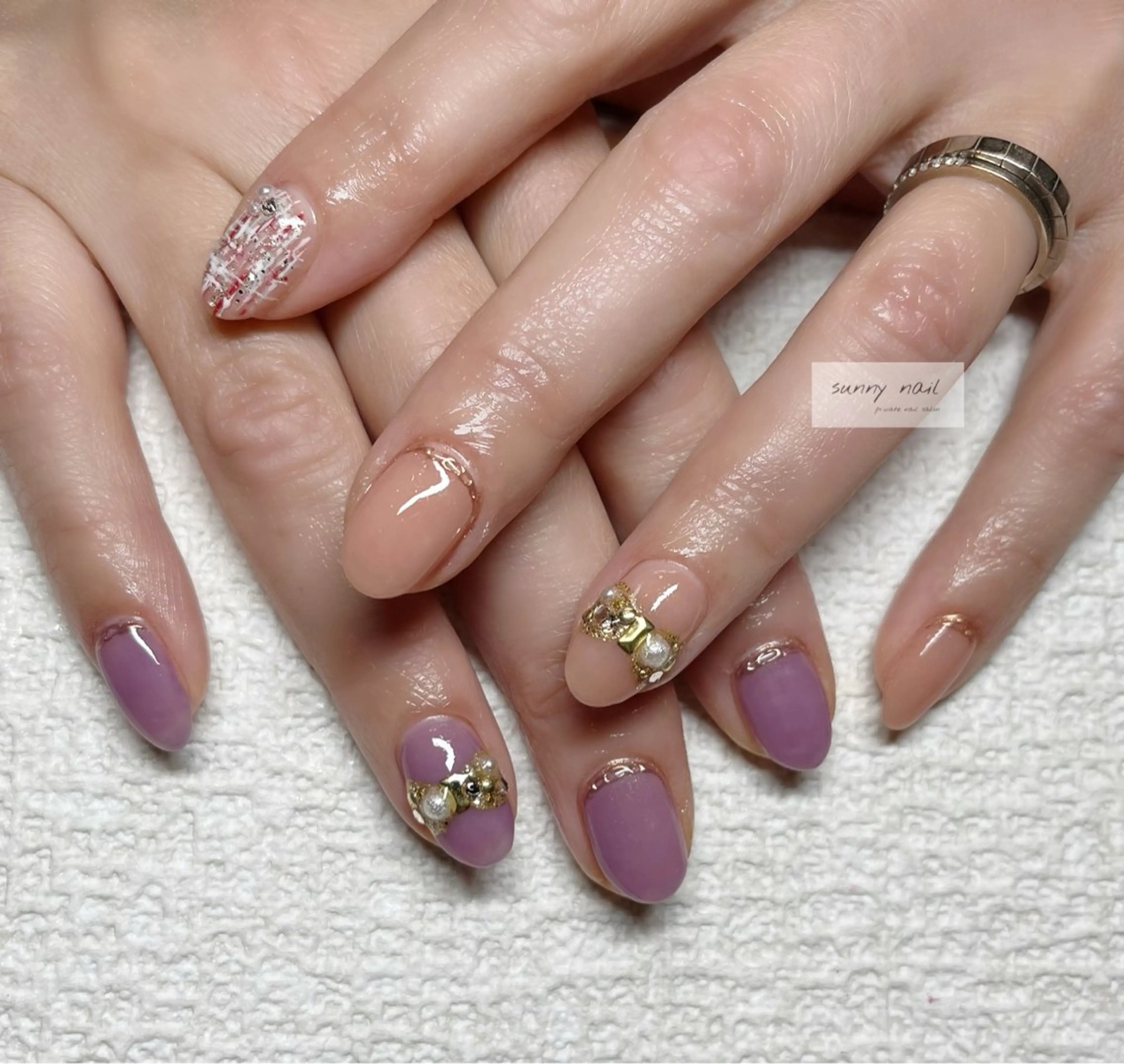 ネイル パープル リボン ツイードネイル sunny nailのネイルデザイン