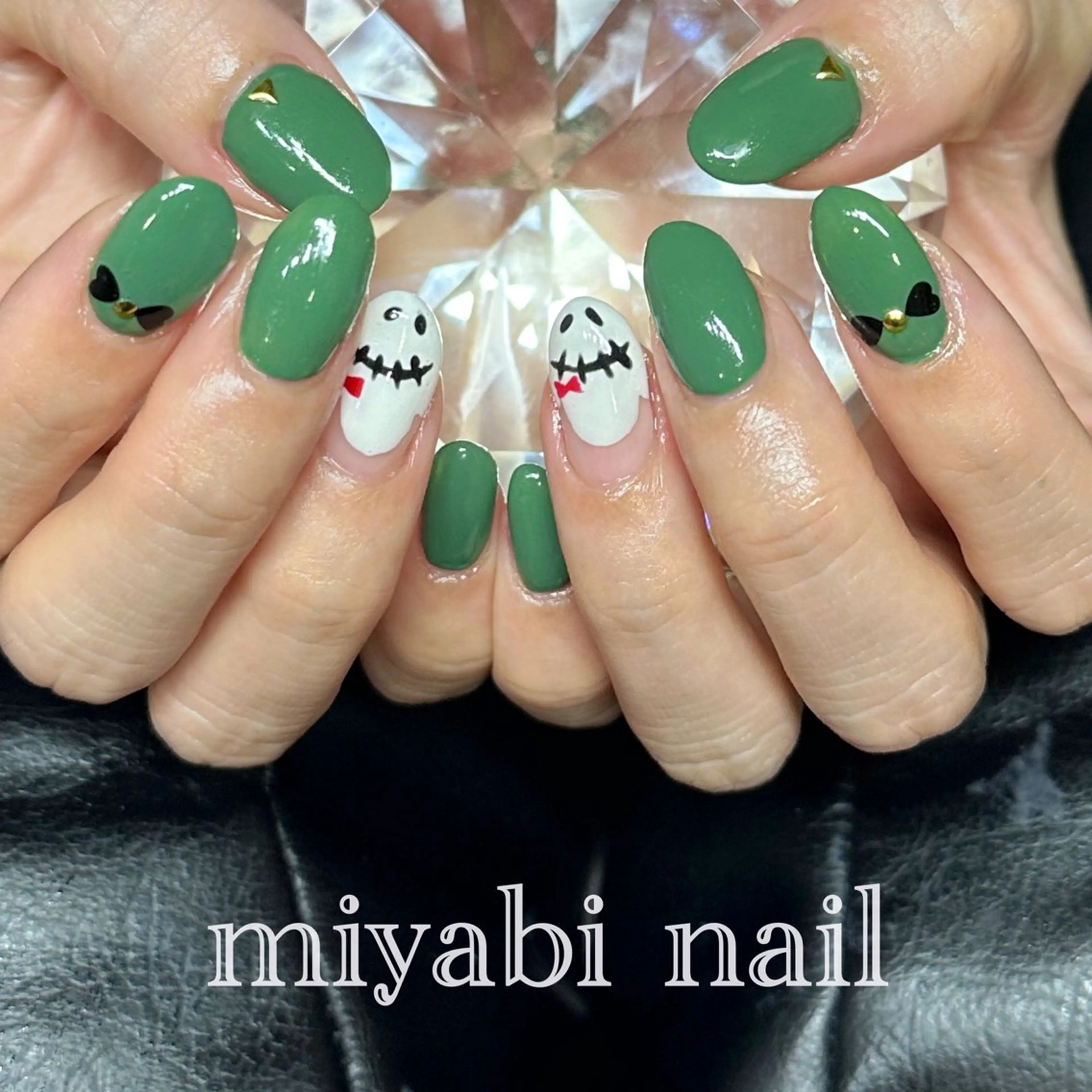 ネイル ジェルネイル グリーン ハロウィン ハート 持ち込み ハンドネイル miyabi nail 桂川駅近くのネイルデザイン