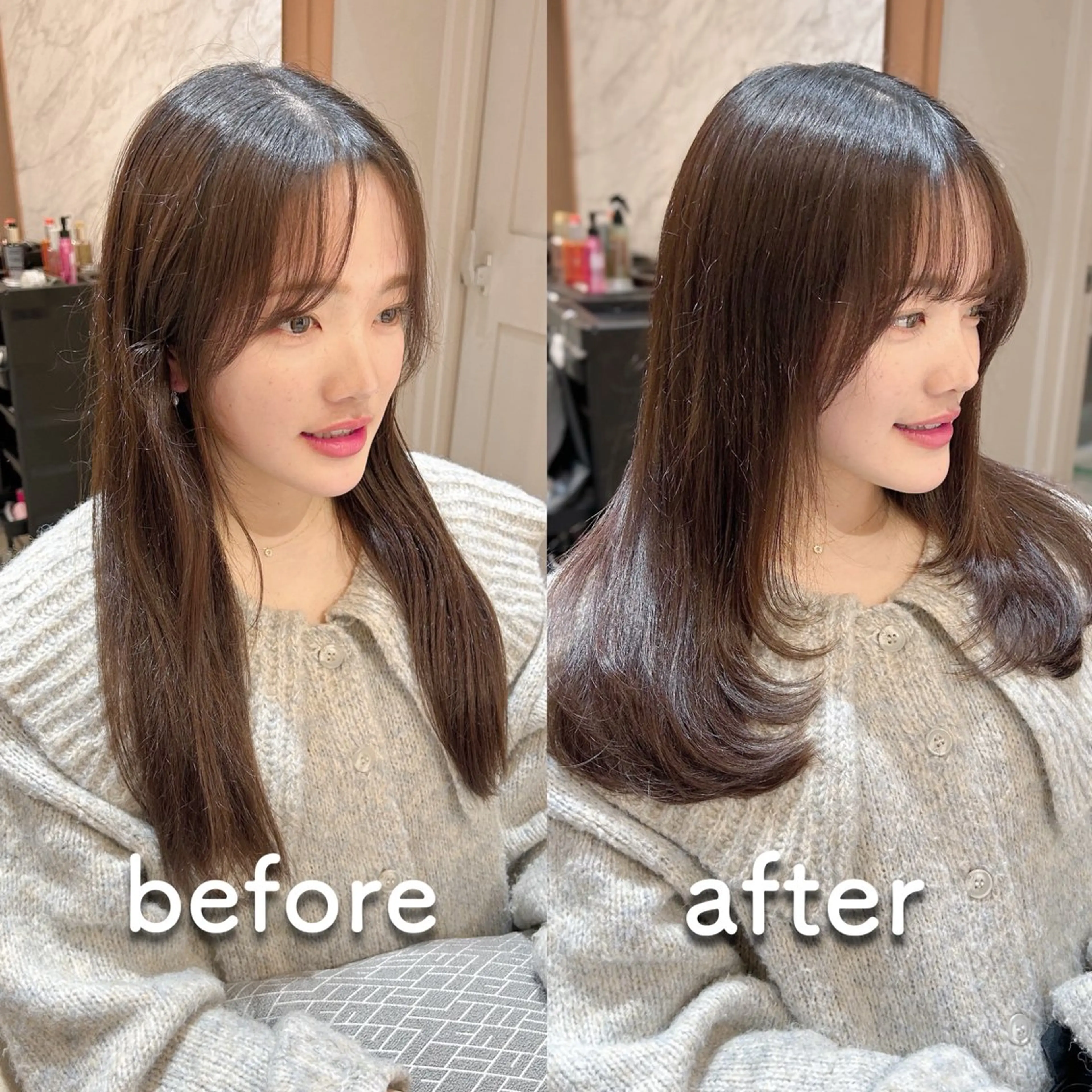 セミロング 顔まわりレイヤー ヨシンモリ 韓国風ヘア レイヤーカット サイドバング ハッシュカット/韓国 レイヤー/カハナのヘアスタイル