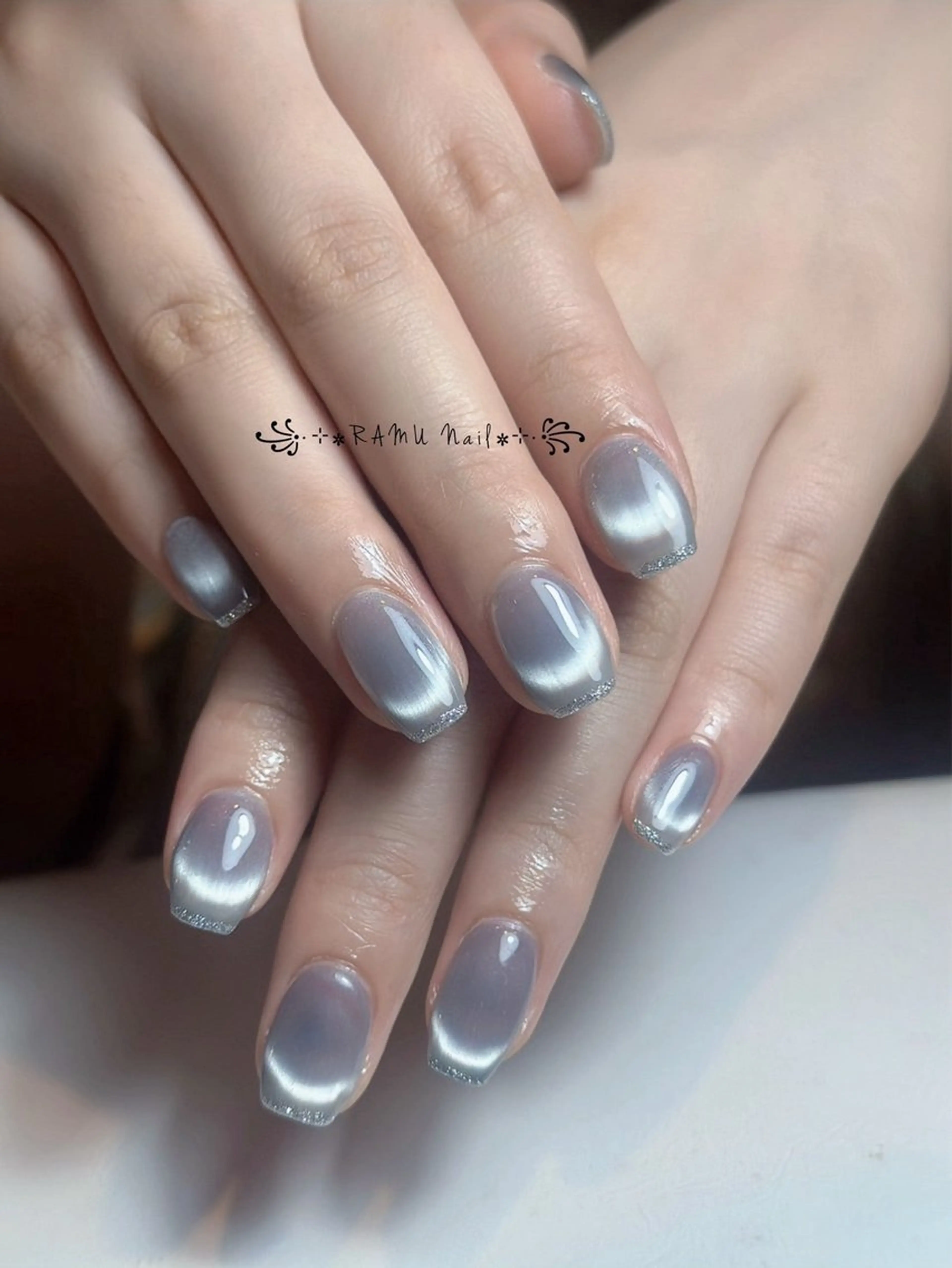 ネイル フレンチネイル キラキラネイル マグネットネイル ミラーネイル ピンク ハンドネイル RAMU Nail 恵比寿店のネイルデザイン