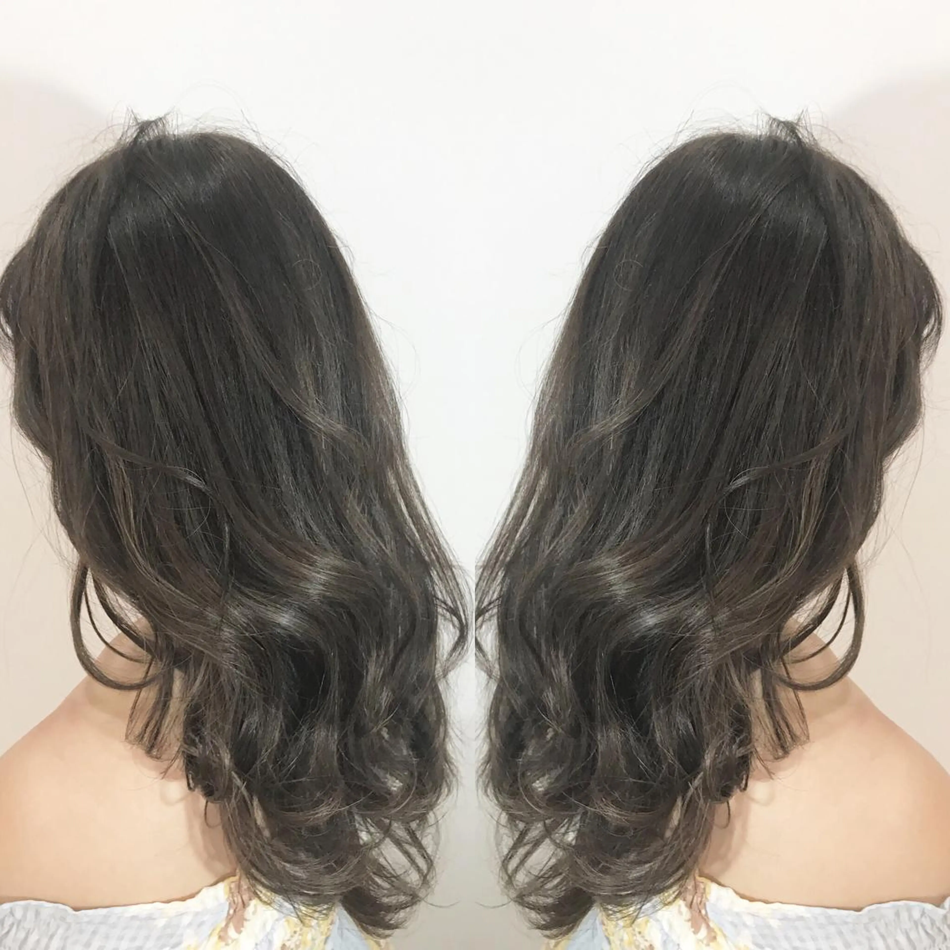 ミディアム カラー グレージュ ハイライトカラー ミント ハイライト ウルフカット レイヤーカット上柿のヘアスタイル