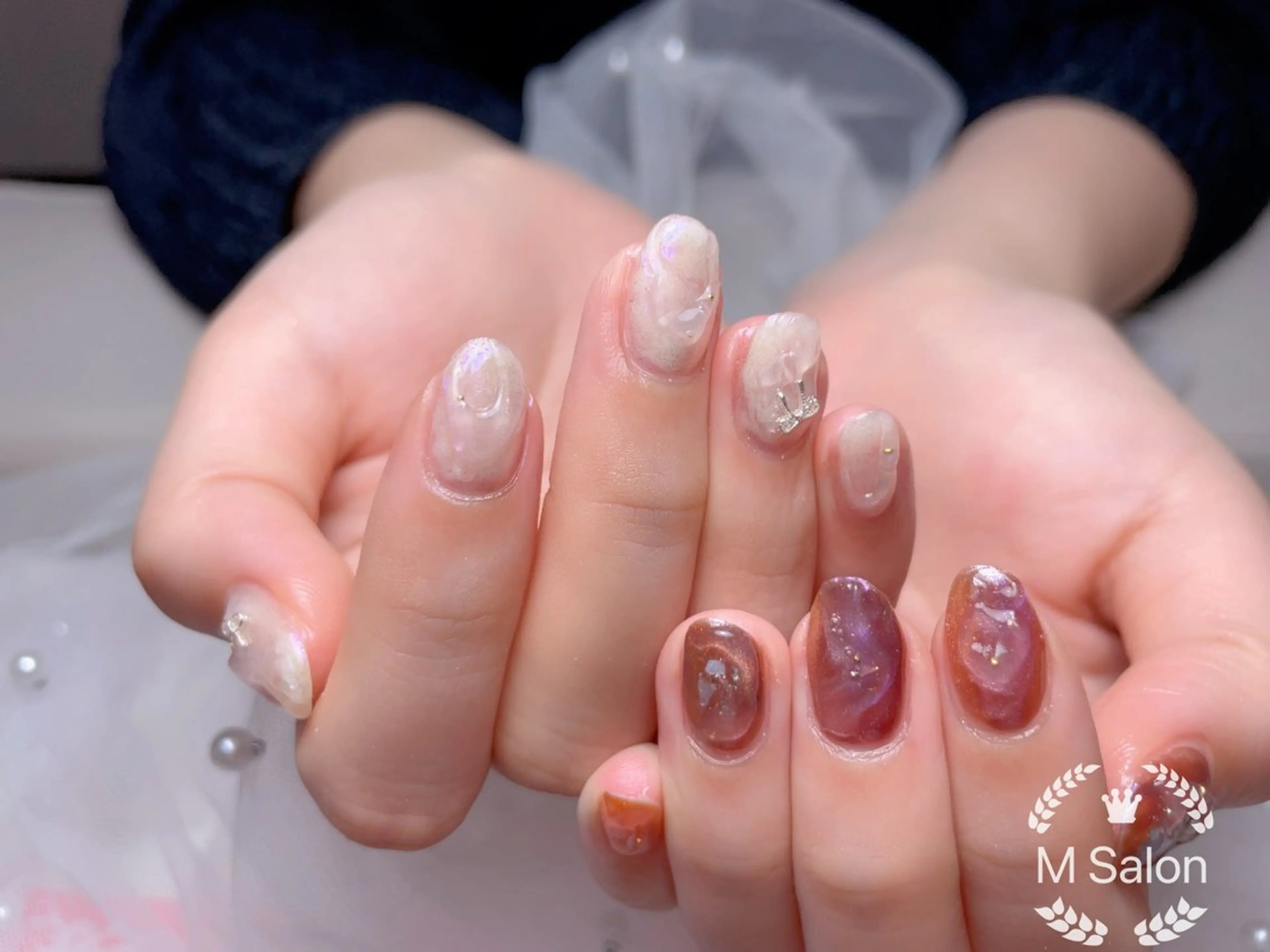 ネイル ブルー チークネイル フレンチネイル ガーリー ハート ハンドネイル Mnail _KKのネイルデザイン