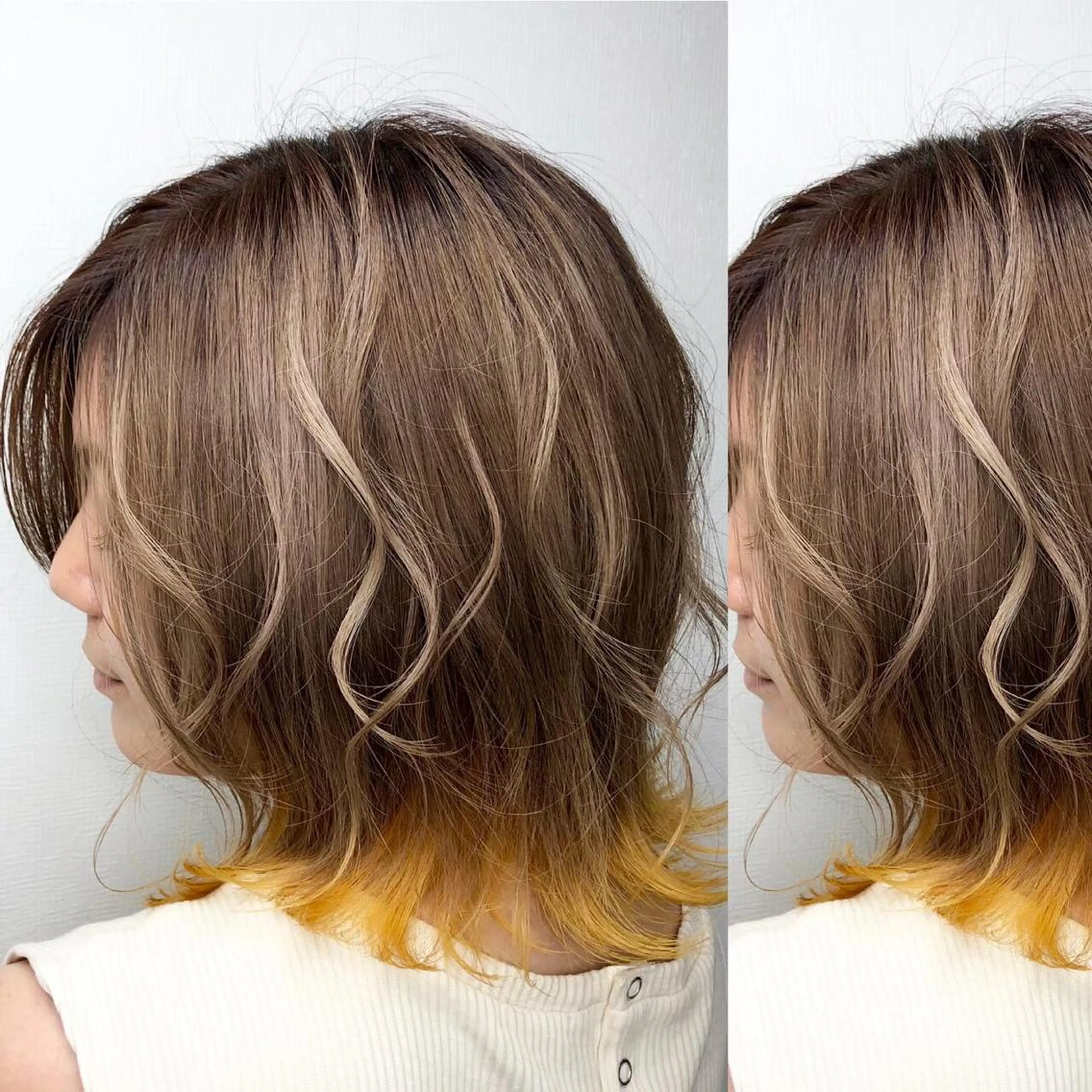 セミロング カラー JuNブリーチに 縮毛矯正するプロのヘアスタイル