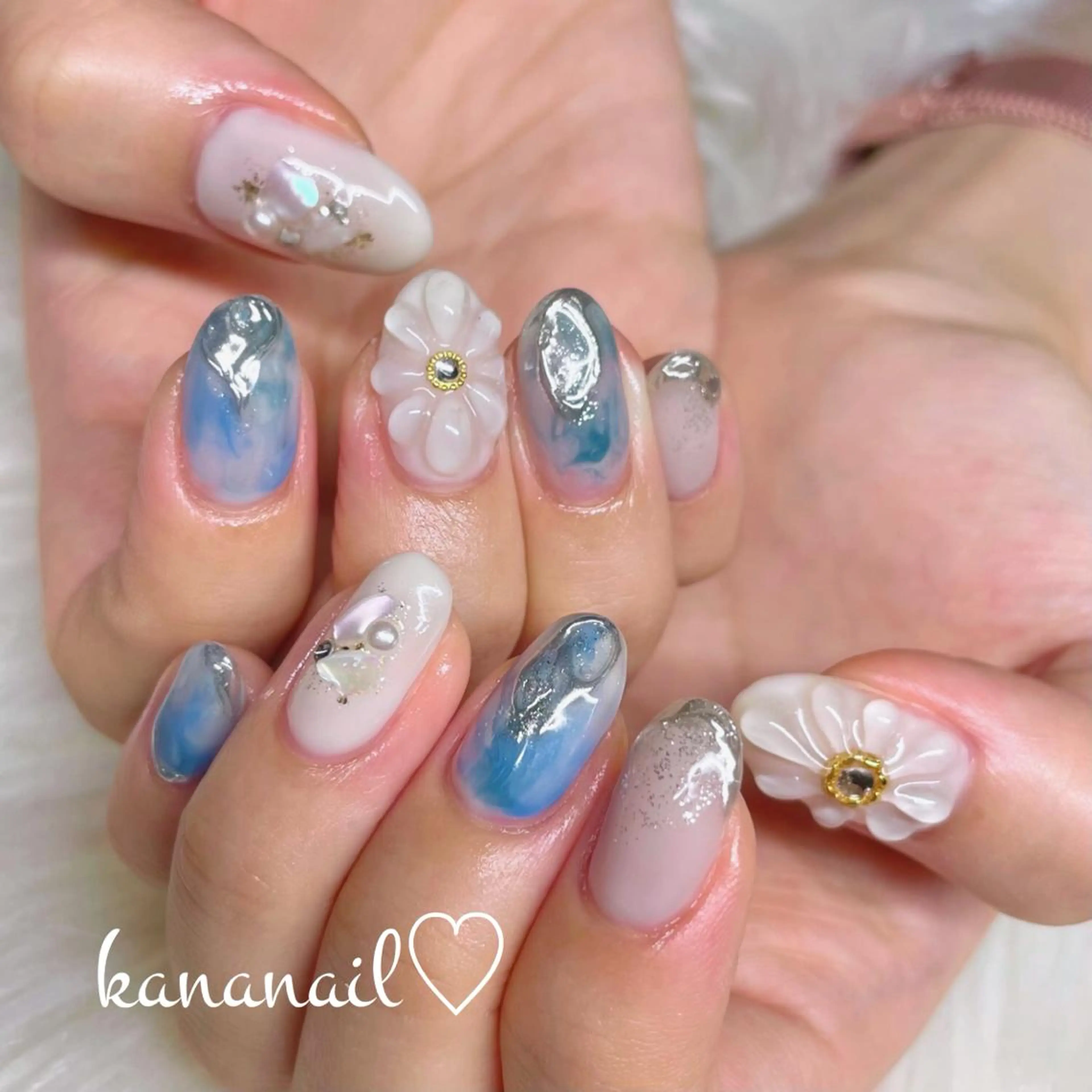 ネイル アートネイル ブルー クリアネイル 成人式 フラワーネイル kananail ♡のネイルデザイン