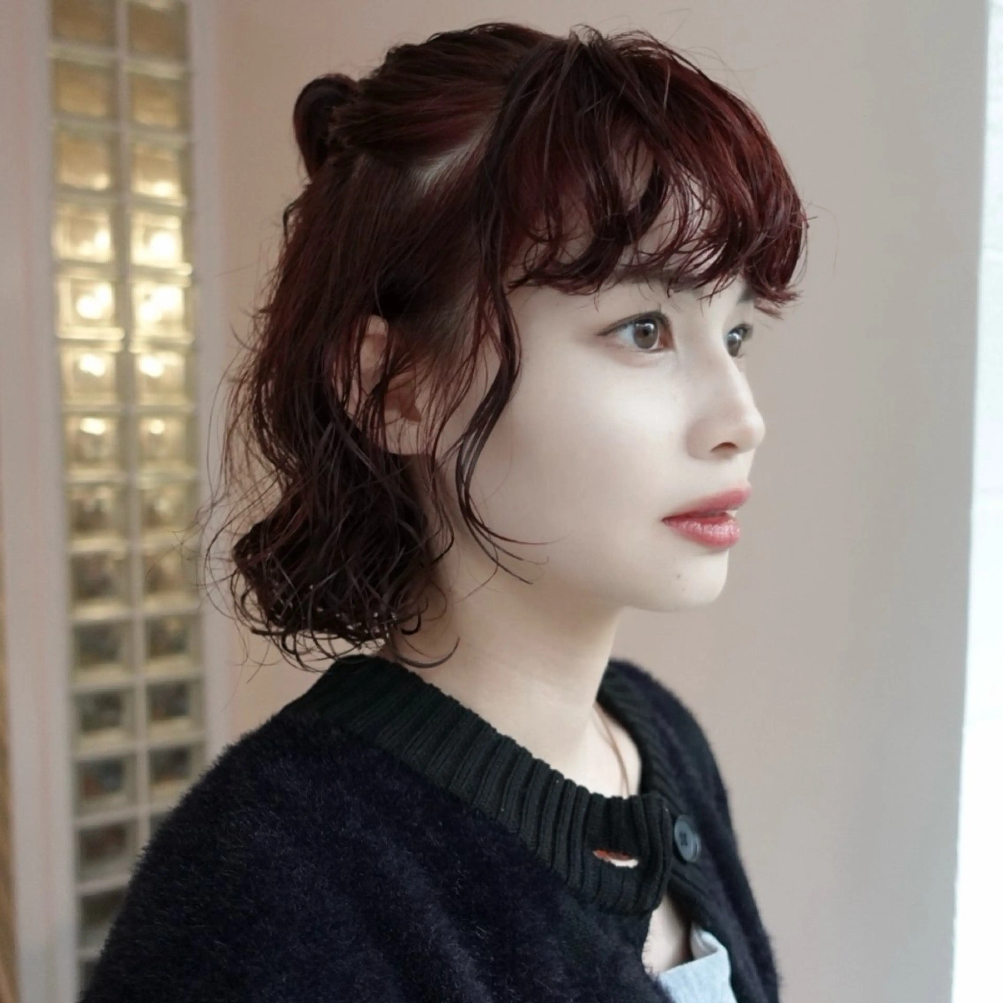 ミディアム カラー パーマ ヘアアレンジ ハーフアップ ミディアムパーマ ボブ カット パーマ 🌐サトウ リョウ🌐のヘアスタイル