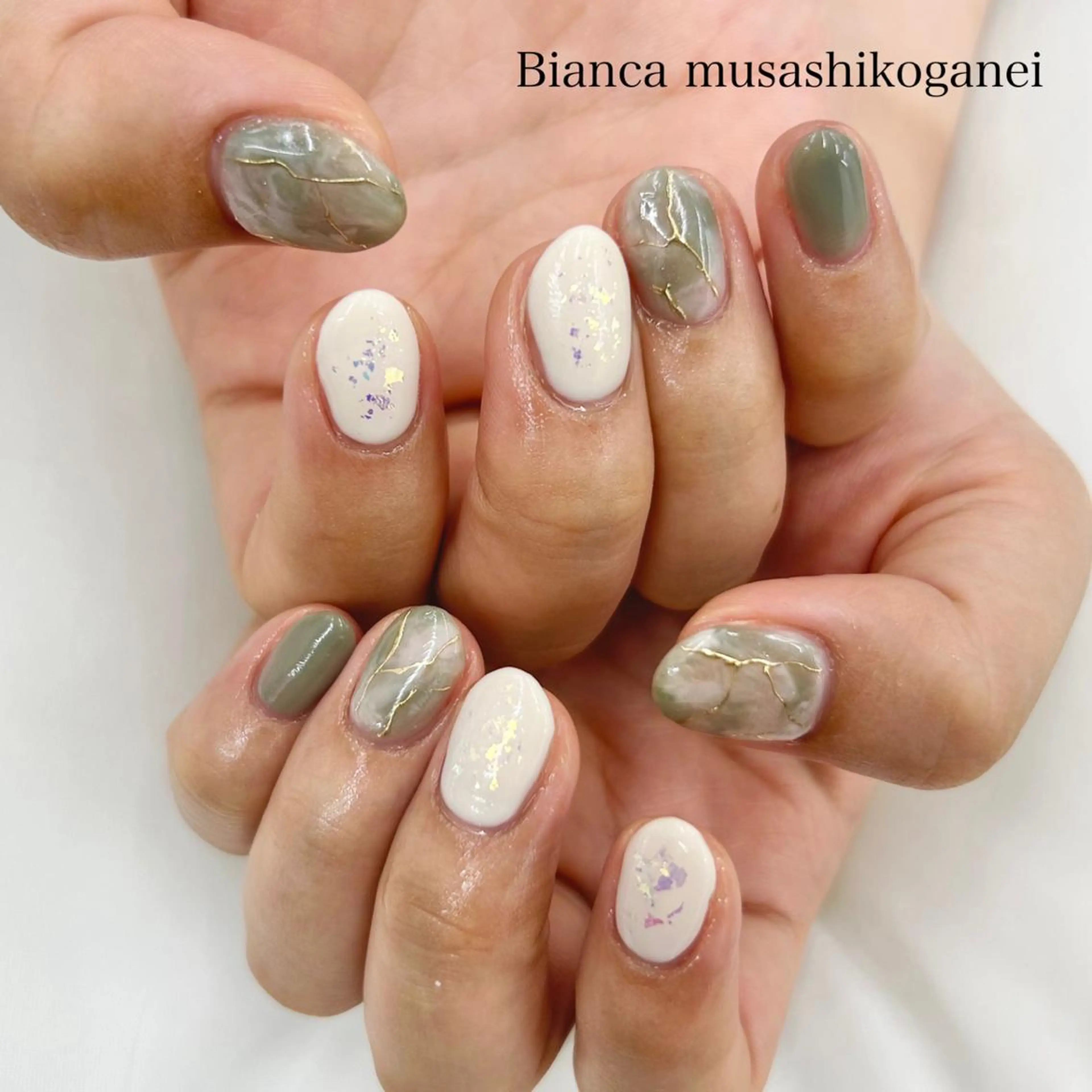 ネイル グリーン 大理石ネイル(マーブル) Bianca 武蔵小金井　ほしののネイルデザイン