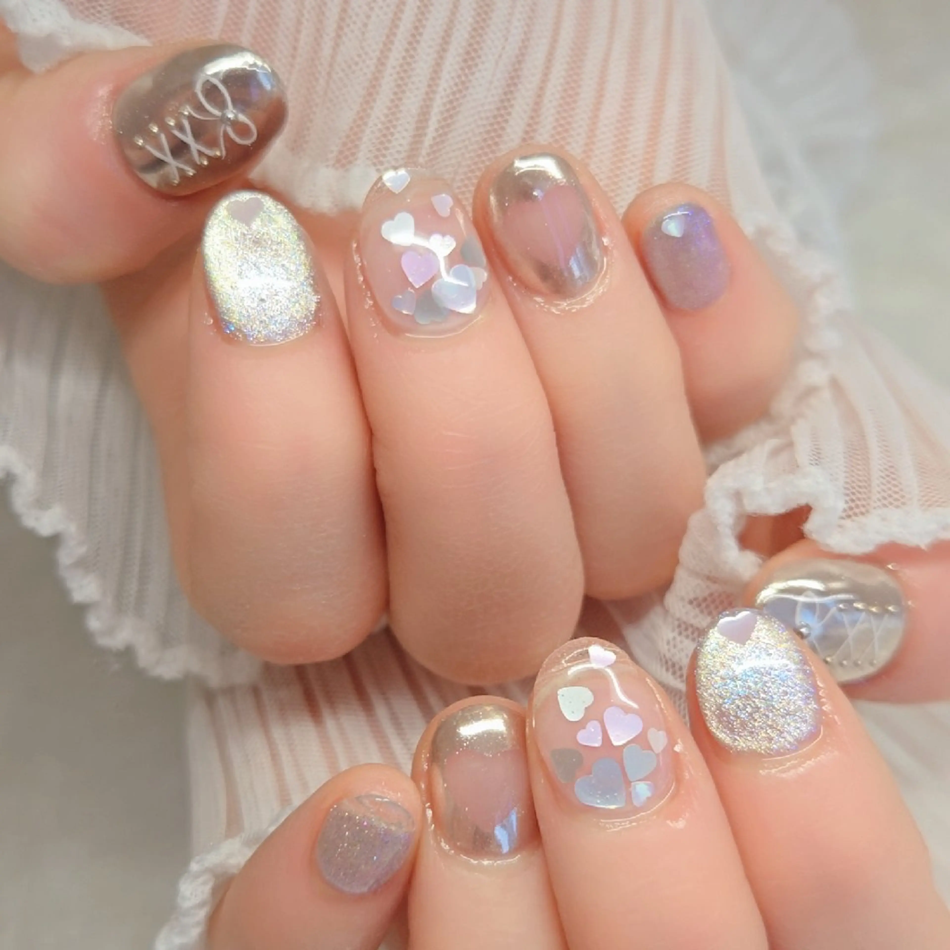 ネイル クリアネイル ハート マグネットネイル リボン ハンドネイル Runanail.☽ 鶴ヶ峰　naruのネイルデザイン