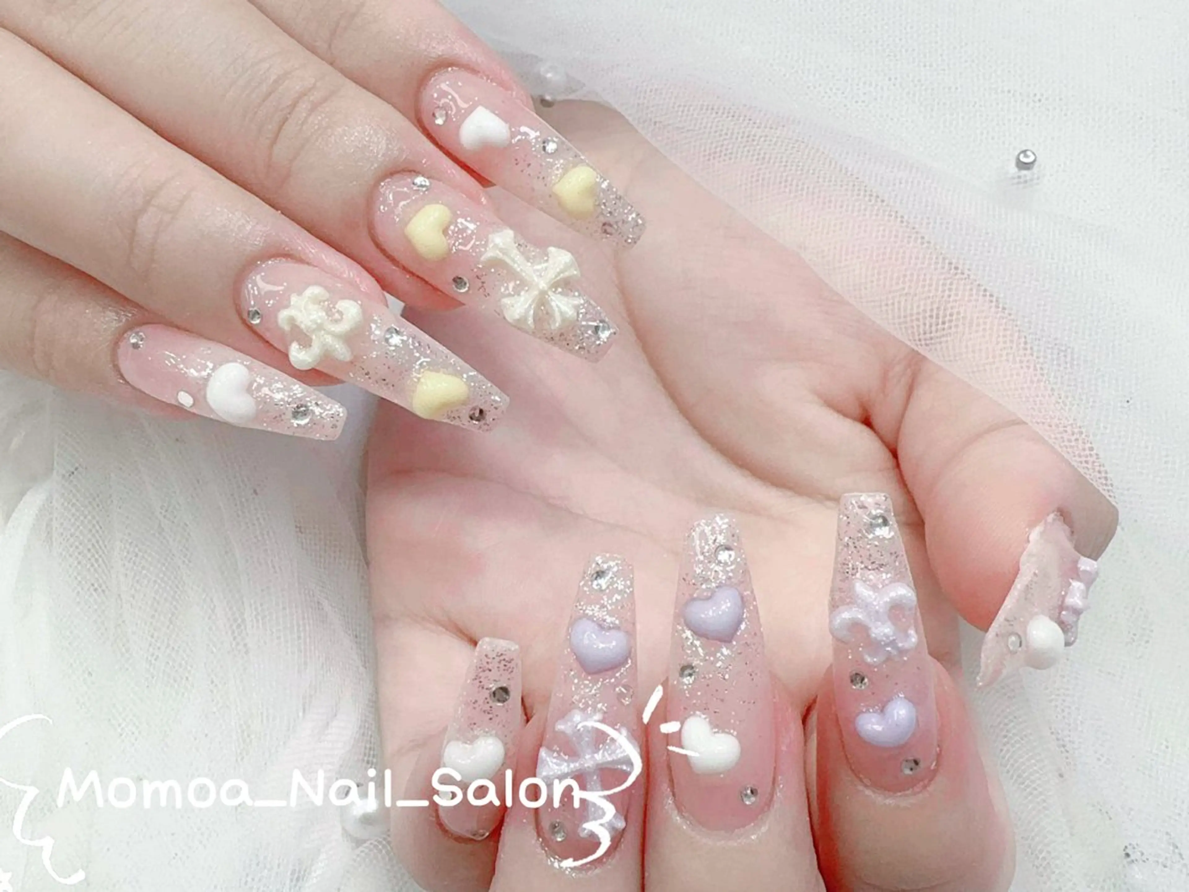 ネイル 成人式 ロングネイル マグネットネイル 大理石ネイル(マーブル) 持ち込み ハンドネイル MoMoA Nail ネイル長さ出し専門店のネイルデザイン