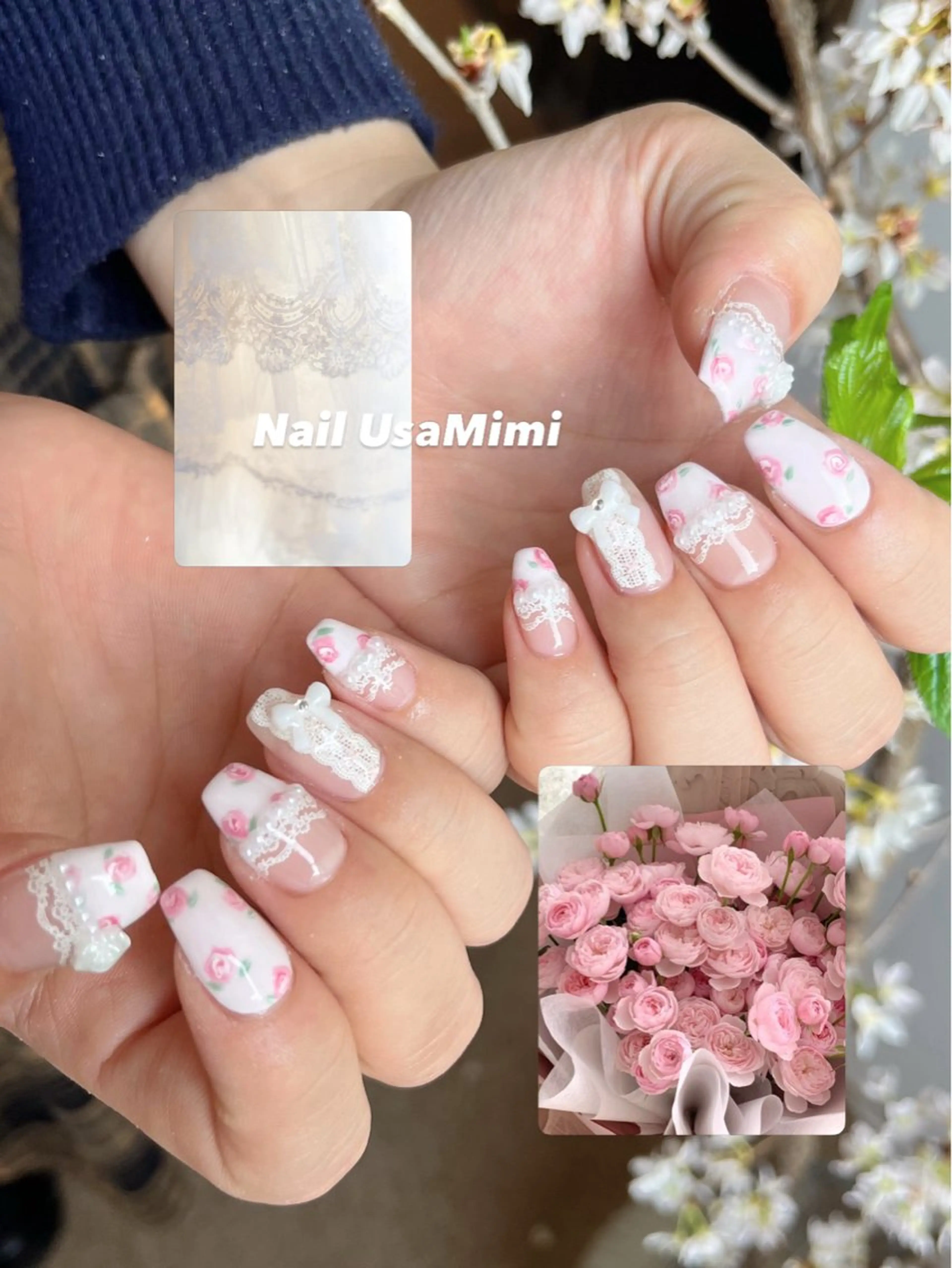 ネイル アートネイル ジェルネイル ガーリー キラキラネイル レース ハンドネイル Nail Usa Mimi ASAKOのネイルデザイン