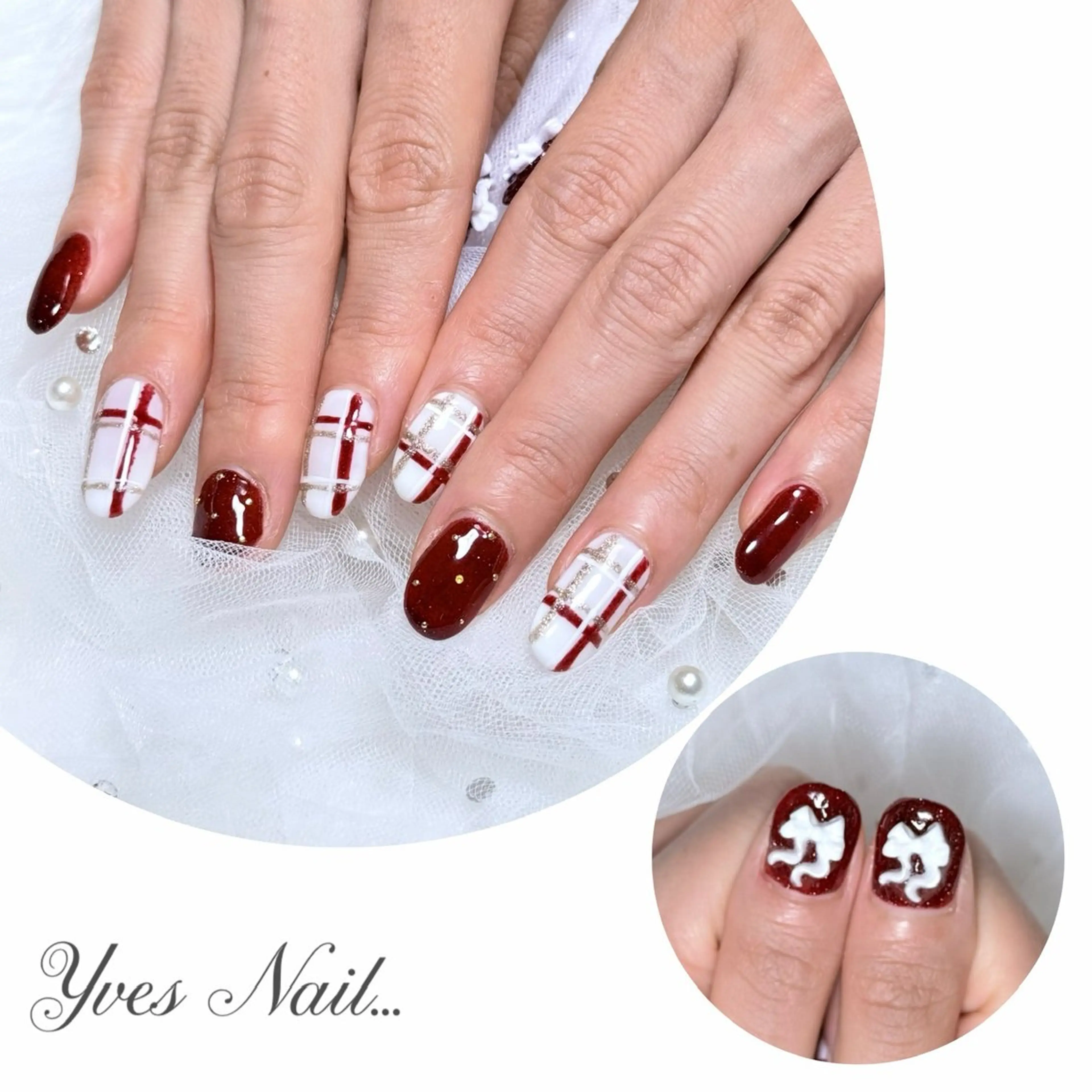 ネイル ボルドー リボン ハンドネイル kanno yのネイルデザイン