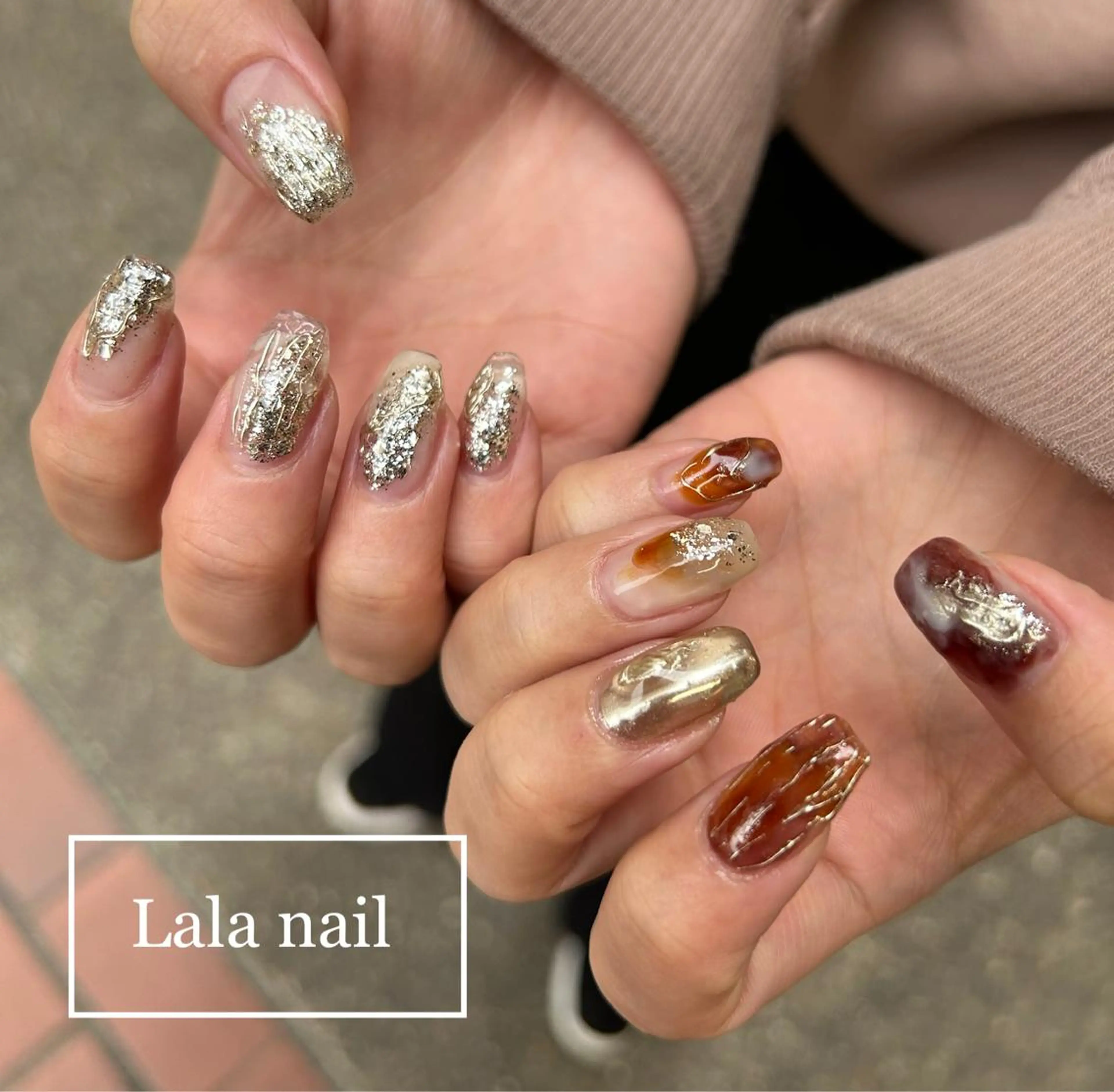 ネイル ブラウン ラメ(グリッター) ミラーネイル ニュアンスネイル Lala nailのネイルデザイン