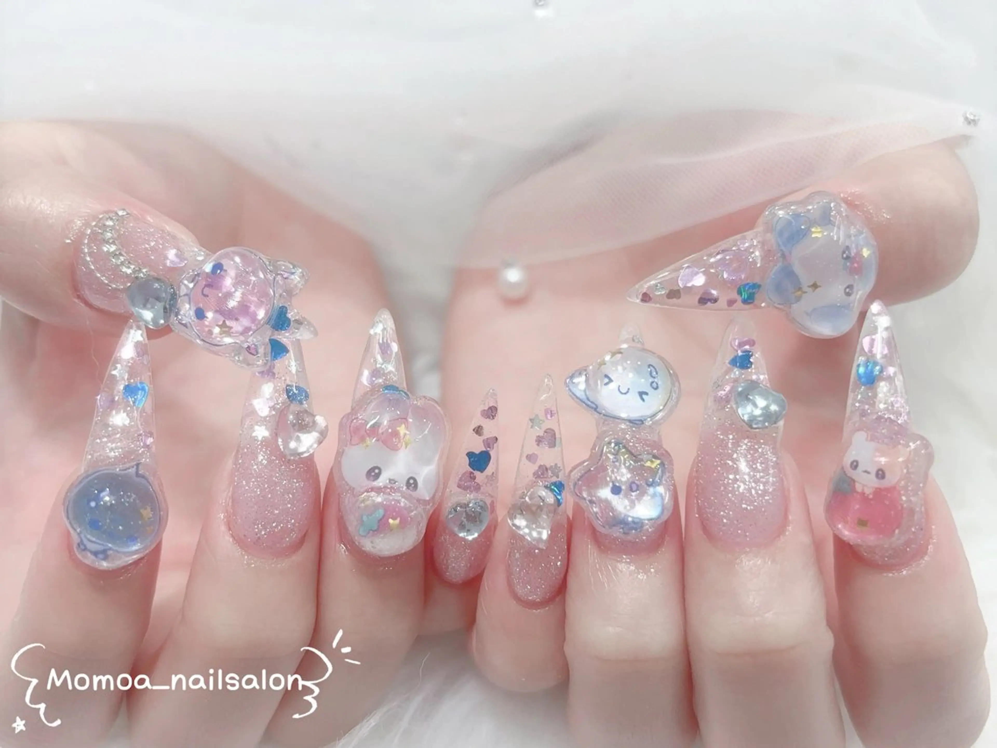 ネイル 成人式 ロングネイル マグネットネイル 大理石ネイル(マーブル) リボン ハンドネイル MoMoA Nail ネイル長さ出し専門店のネイルデザイン