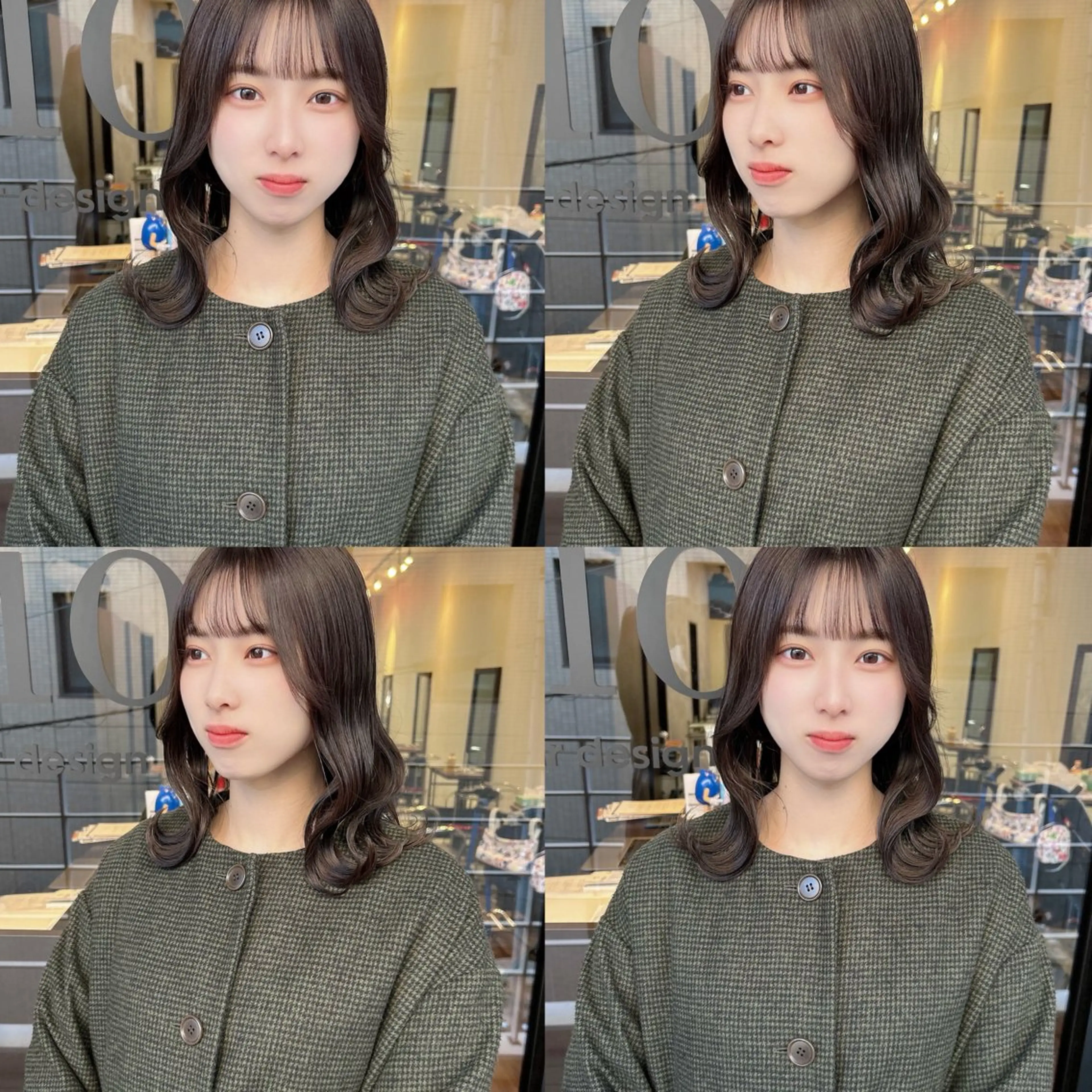 セミロング カラー 韓国🇰🇷レイヤー カットオリーブカラーのヘアスタイル