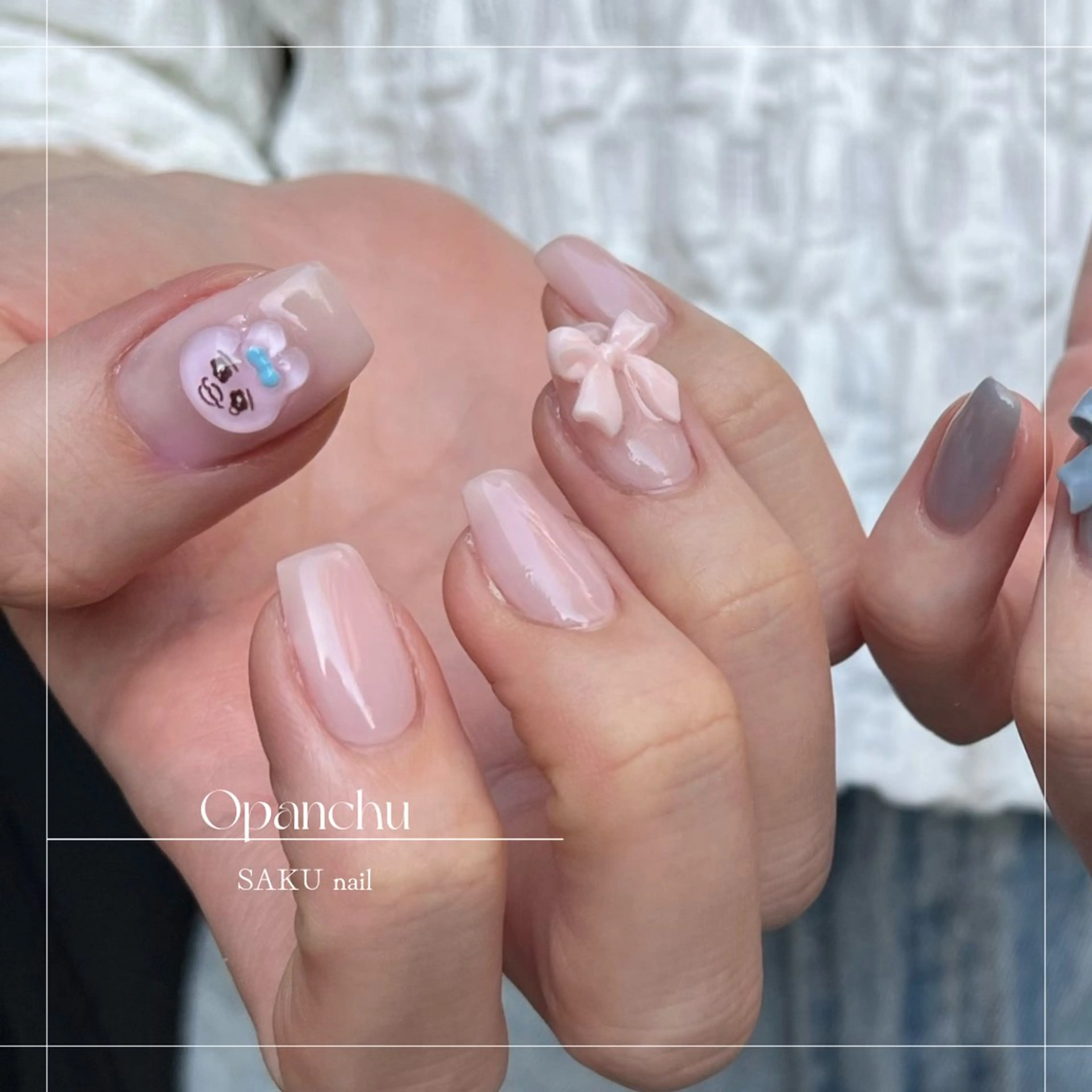 ネイル ニュアンスネイル リボン シンプルネイル ハンドネイル SAKU  nail[サクネイル]所属・SAKU nail 作島茜のネイルデザイン