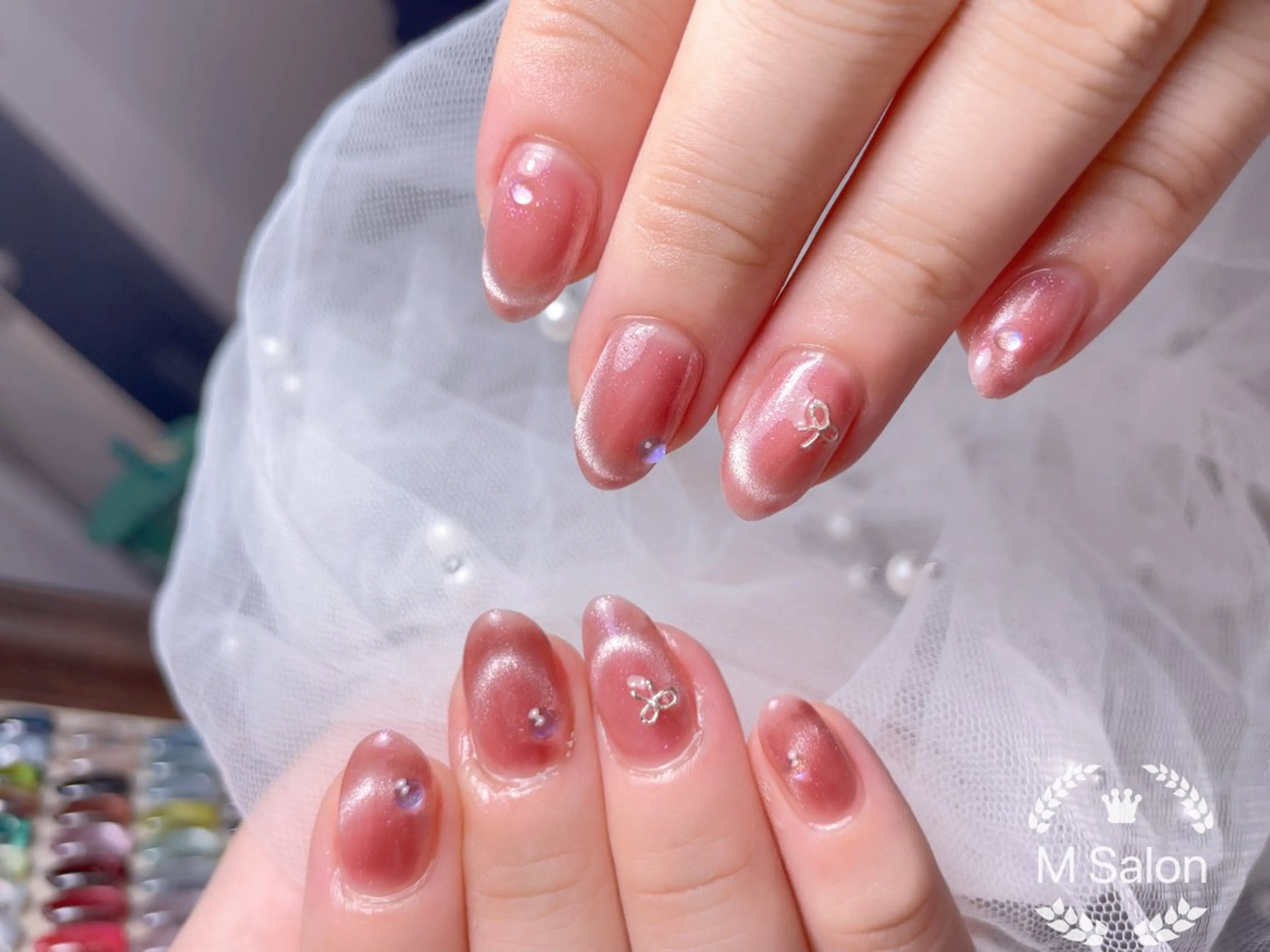 ネイル ブルー チークネイル フレンチネイル ガーリー ハート ハンドネイル Mnail _KKのネイルデザイン