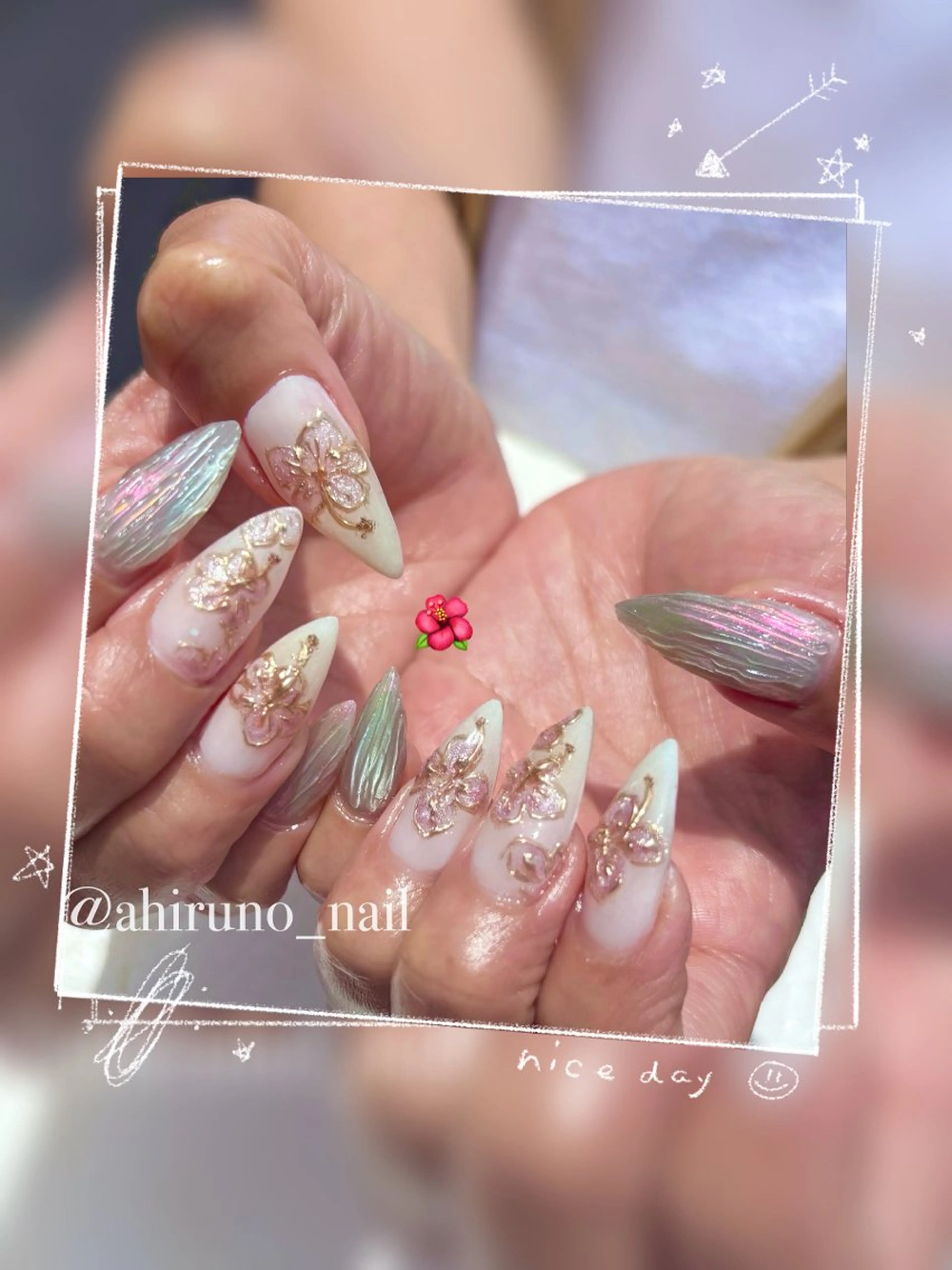 ネイル フラワーネイル ロングネイル マグネットネイル 持ち込み ハンドネイル 東京あきる野市ネイル ✿ ｙｕiのネイルデザイン