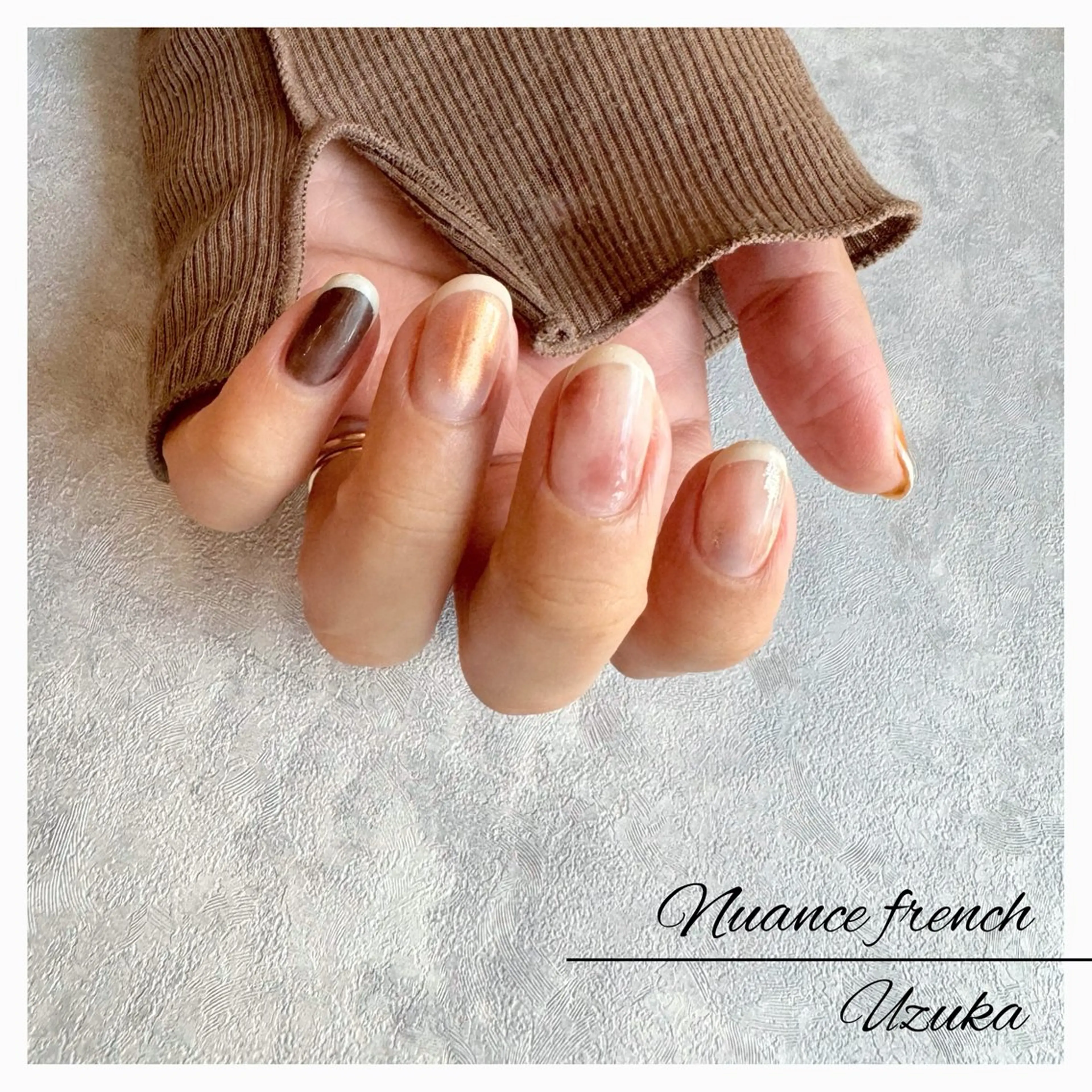 ネイル ブラウン フレンチネイル ミラーネイル ニュアンスネイル 【 enn 】 Uzuka Yukaのネイルデザイン