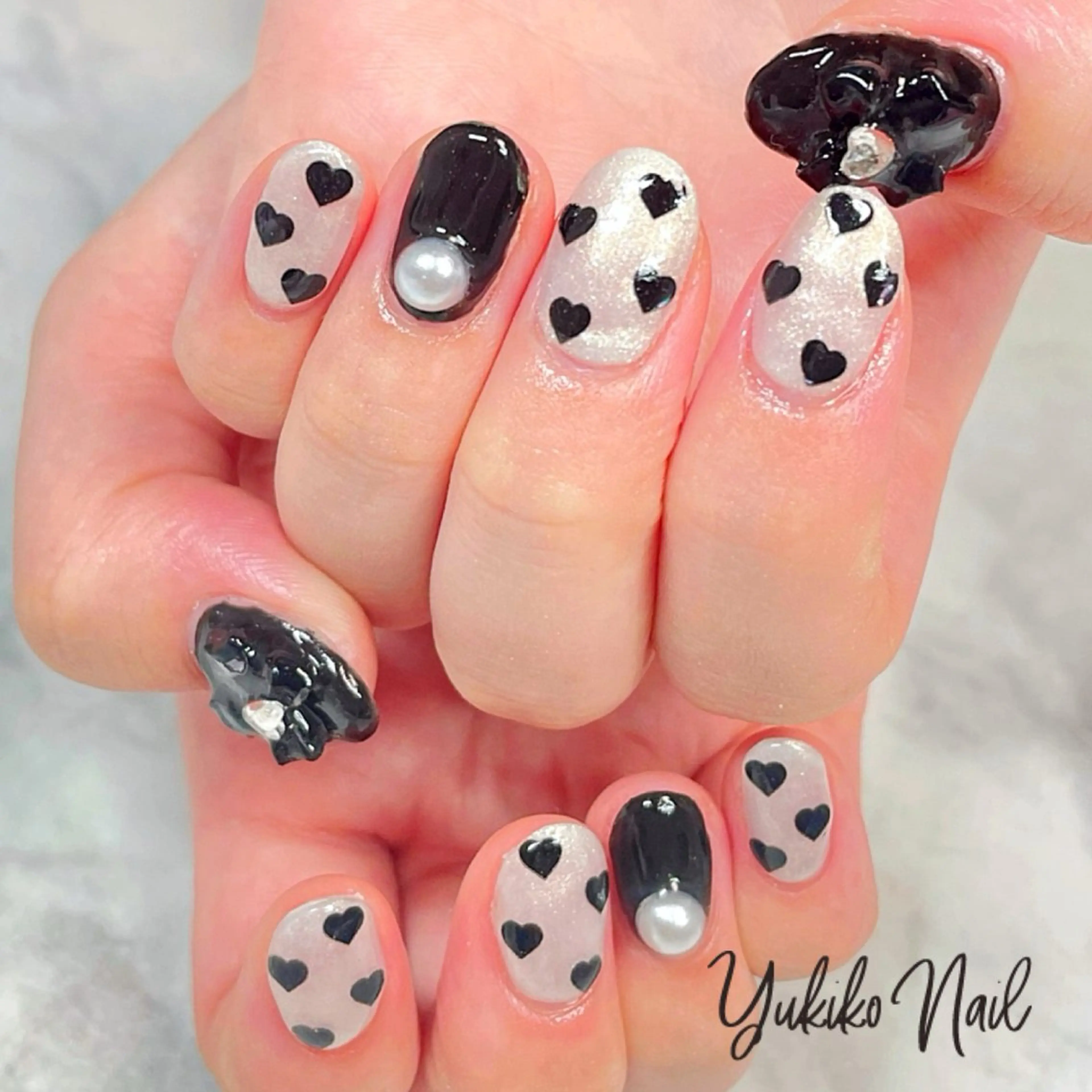 ネイル ハート リボン ホワイト ユキコ ネイルのネイルデザイン