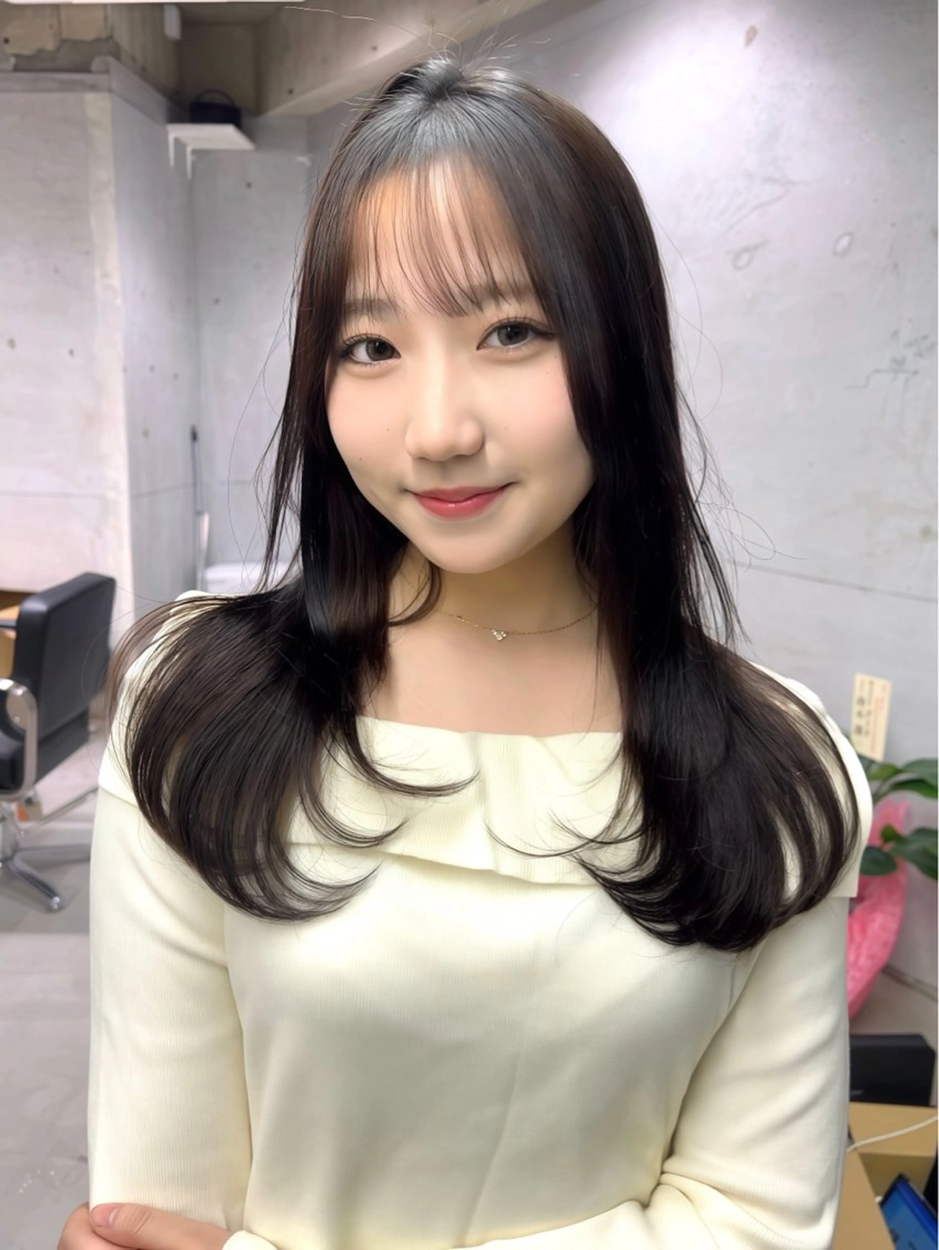 セミロング カット ヘアカラー トリートメント 韓国🇰🇷レイヤー カットオリーブカラーのヘアスタイル