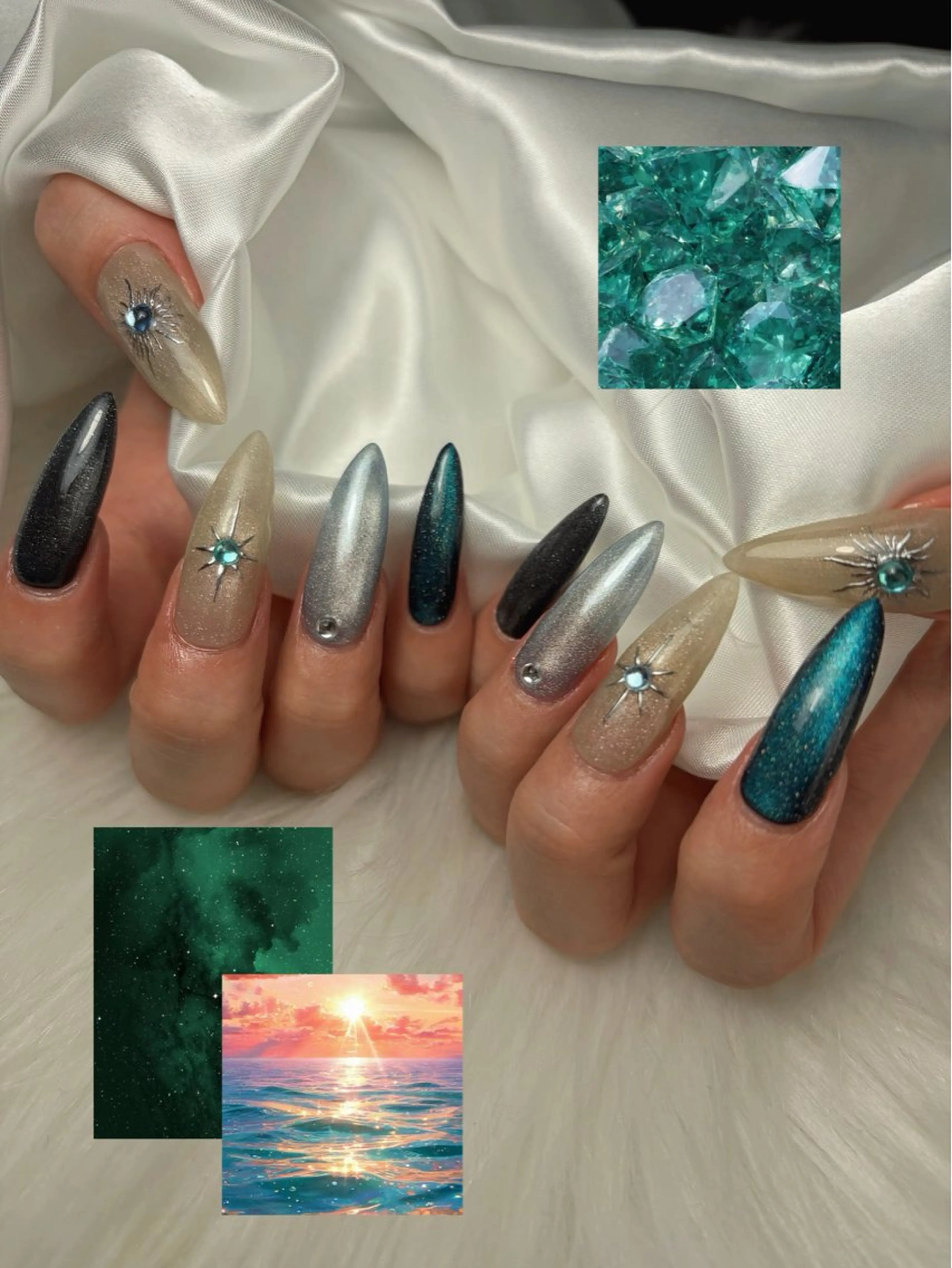 ネイル アートネイル 桜ネイル ジェルネイル マグネットネイル ミラーネイル ハンドネイル ゴテゴテ💙ワンホン リオナのネイルデザイン