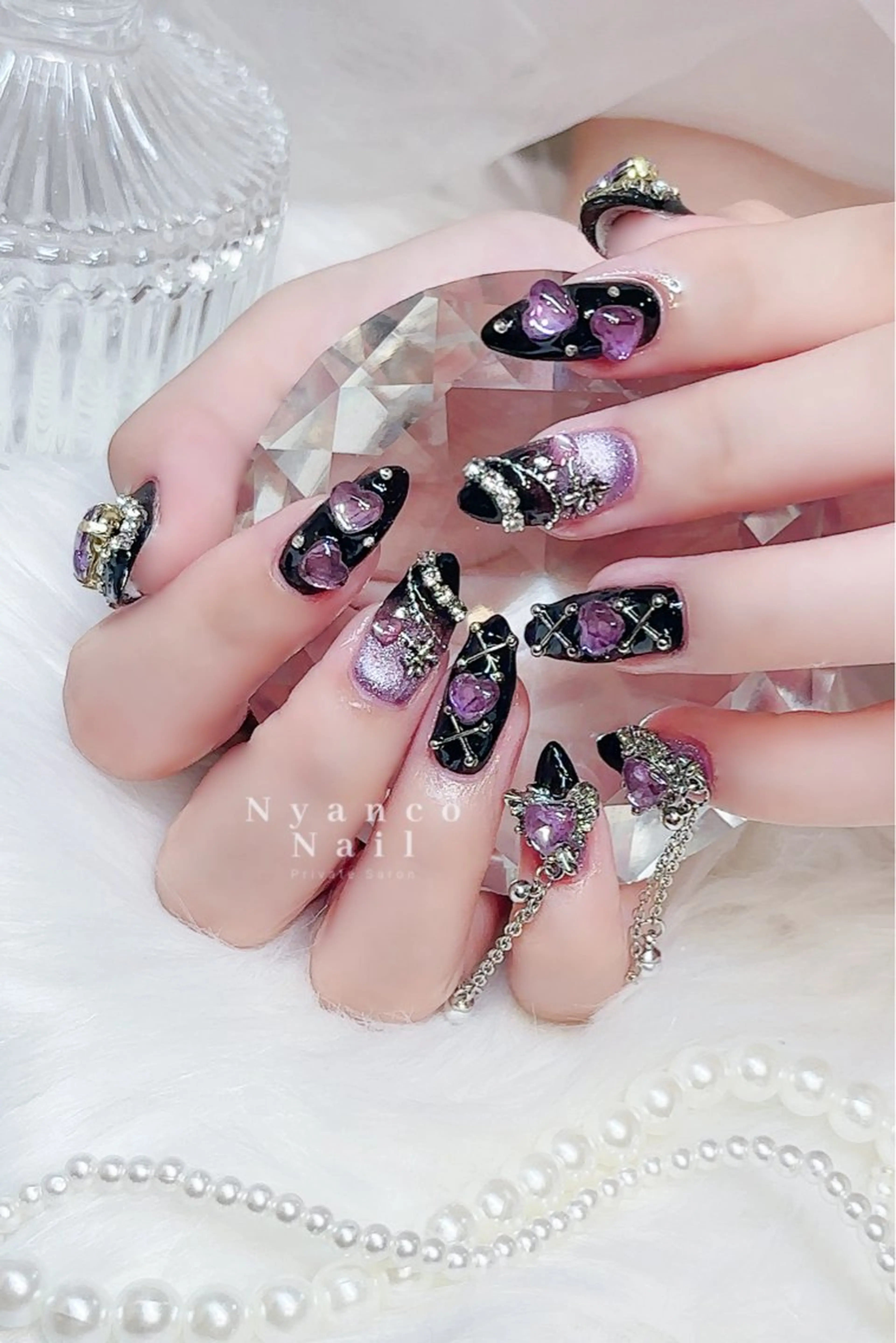 ネイル ジェルネイル ハート 氷ネイル・うるうるネイル キラキラネイル ロングネイル Nyanco Nailのネイルデザイン