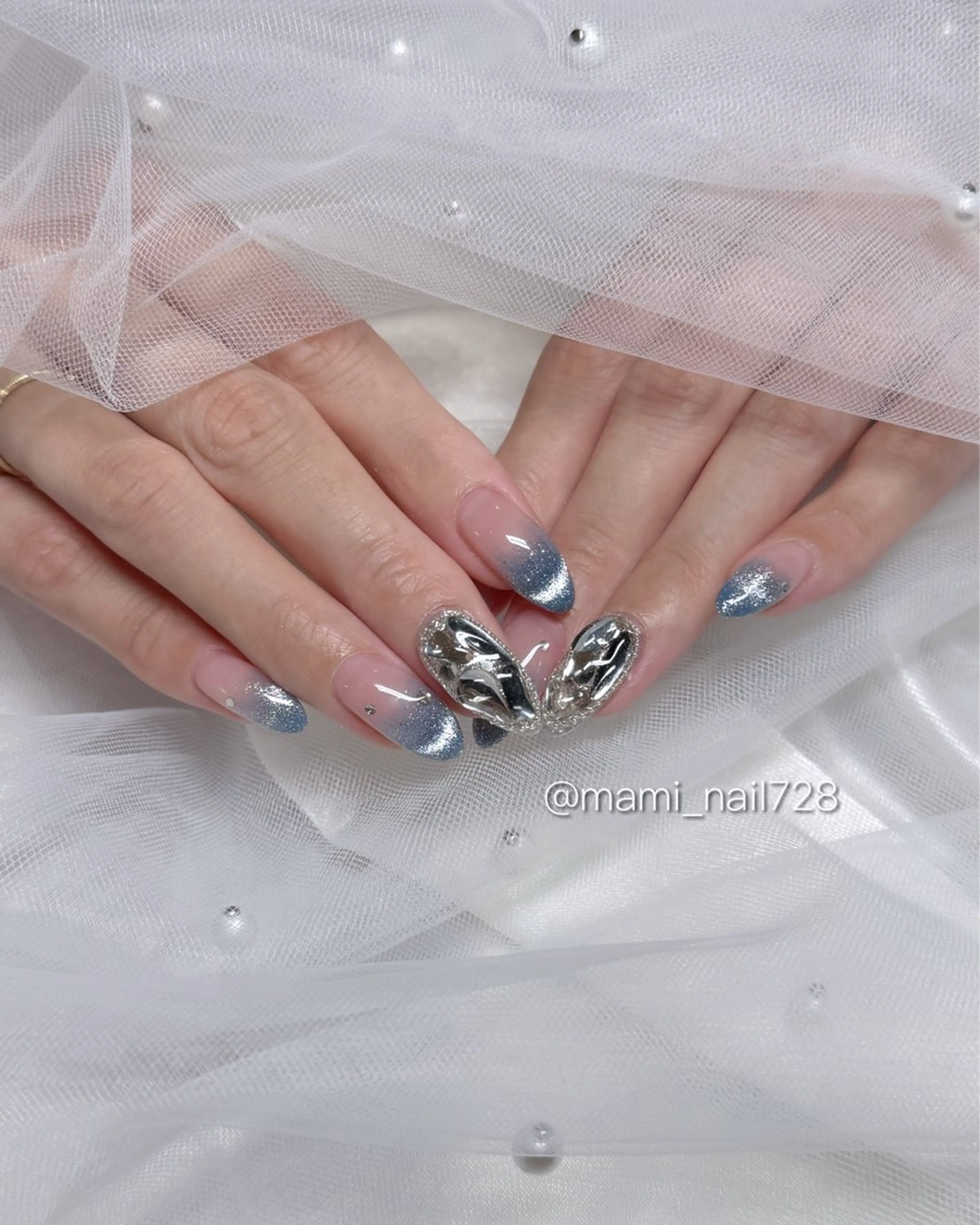 ネイル ブルー フレンチネイル マグネットネイル マグネットフレンチ ハンドネイル Séju nailのネイルデザイン