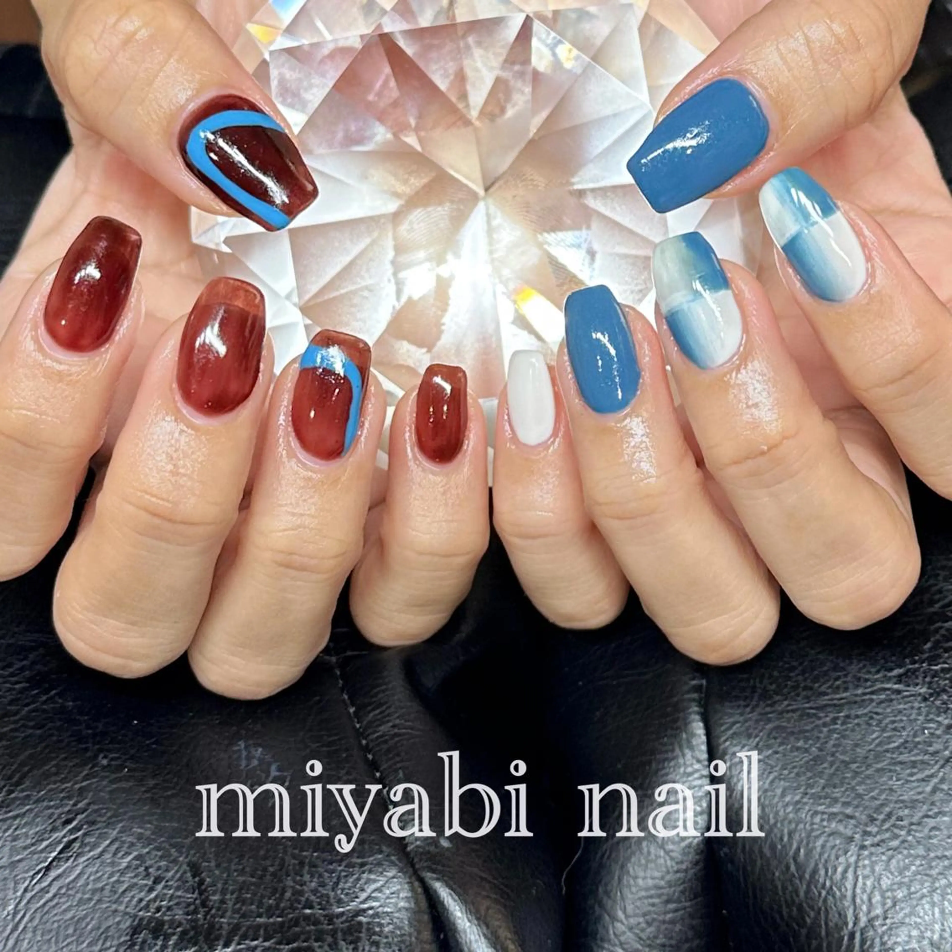 ネイル アートネイル ブルー ブラウン ジェルネイル 持ち込み ハンドネイル miyabi nail 桂川駅近くのネイルデザイン