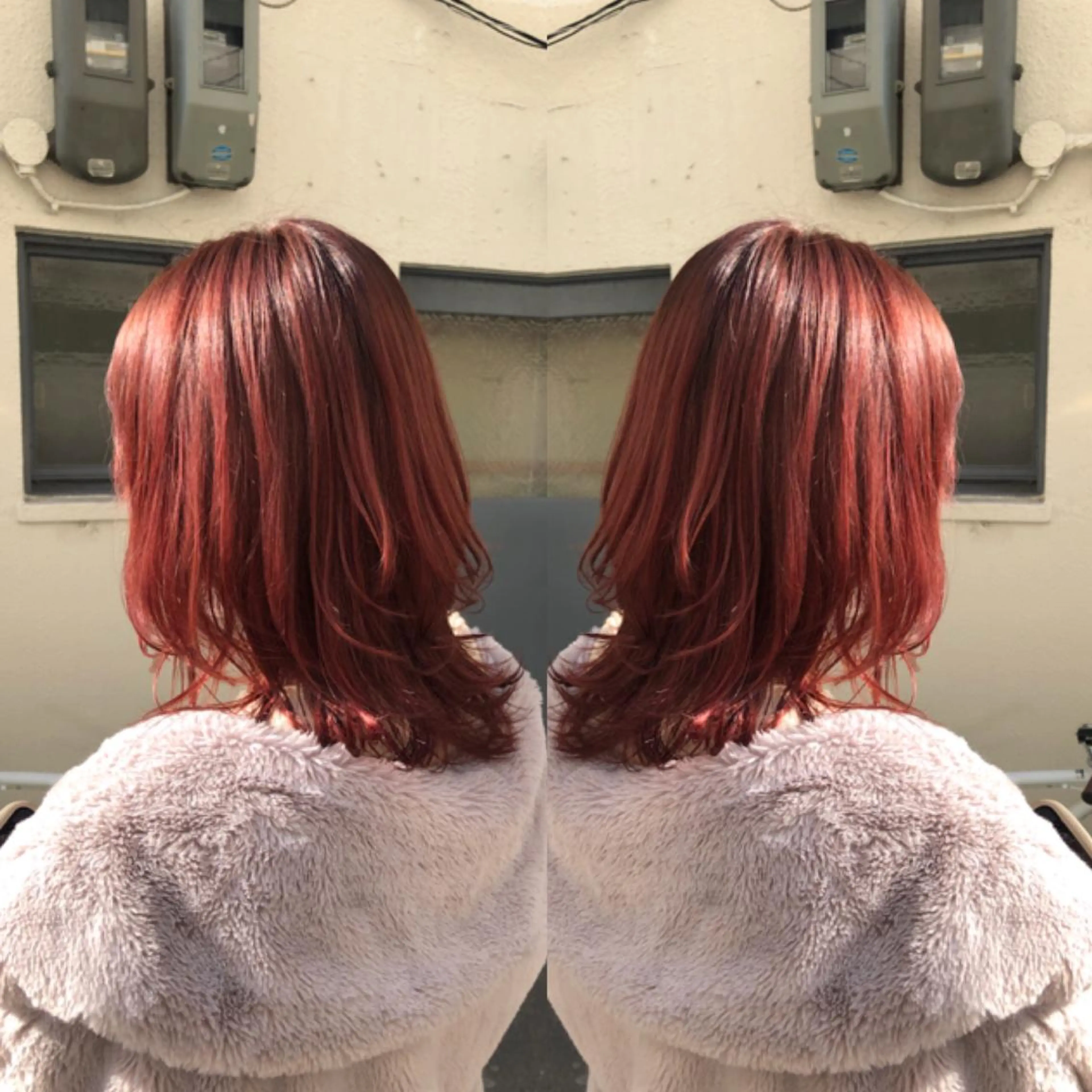 セミロング カラー ピンクカラー レッドカラー nagisa /縮毛矯正のヘアスタイル