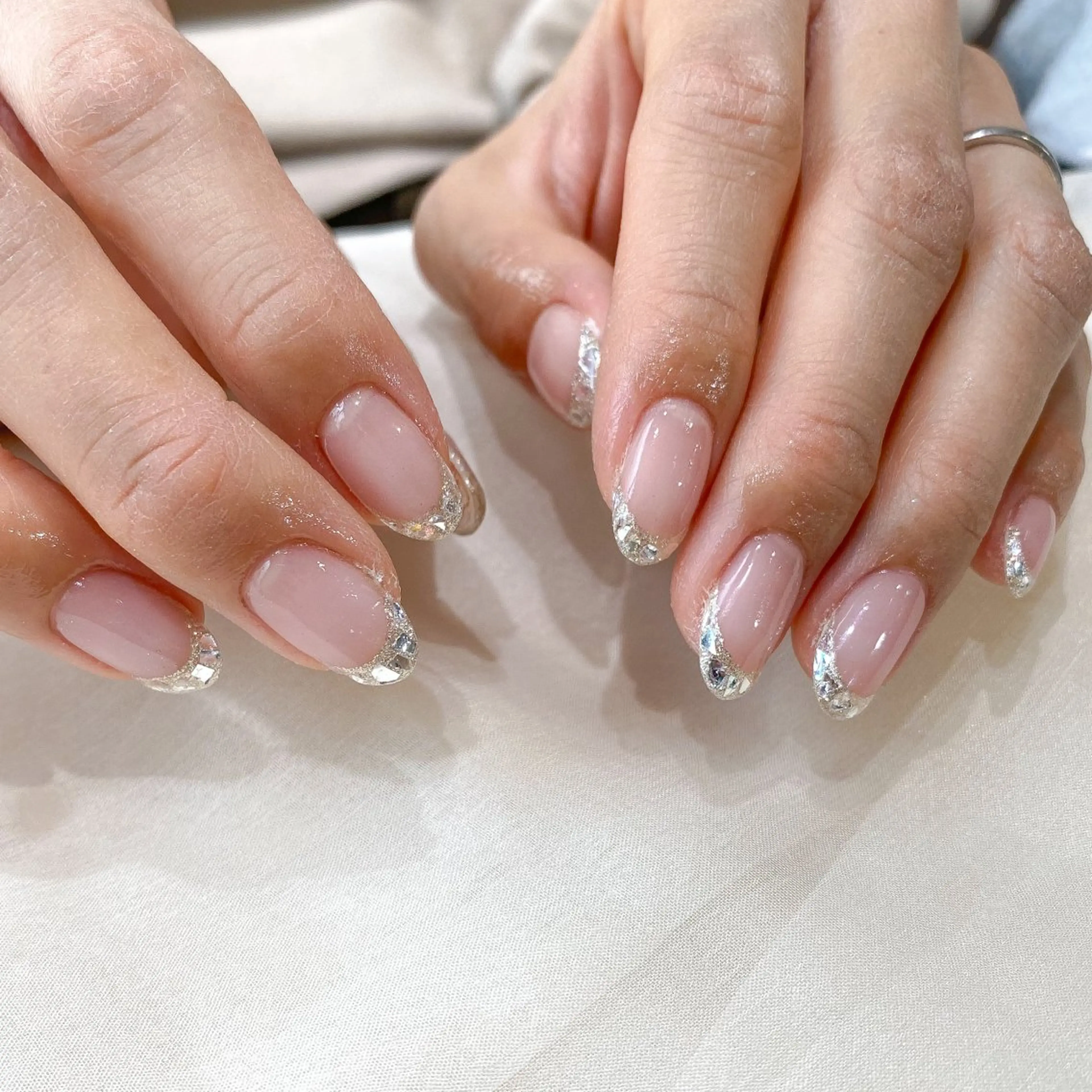 ネイル フレンチネイル ガラスフレンチ ピンク muguet🎀 chikaのネイルデザイン