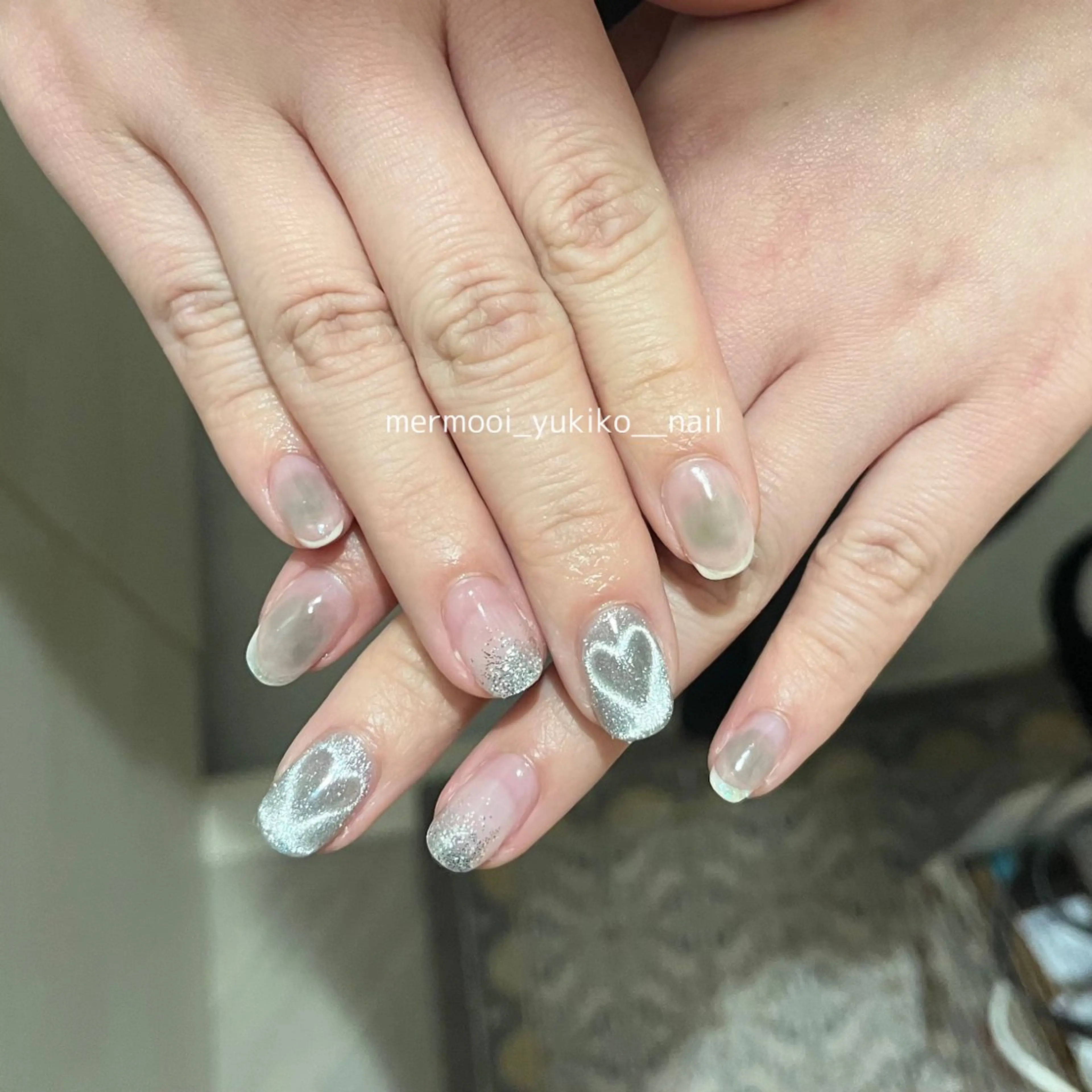 ネイル チークネイル クリアネイル ジェルネイル ハート 韓国ネイル melumooi nailのネイルデザイン