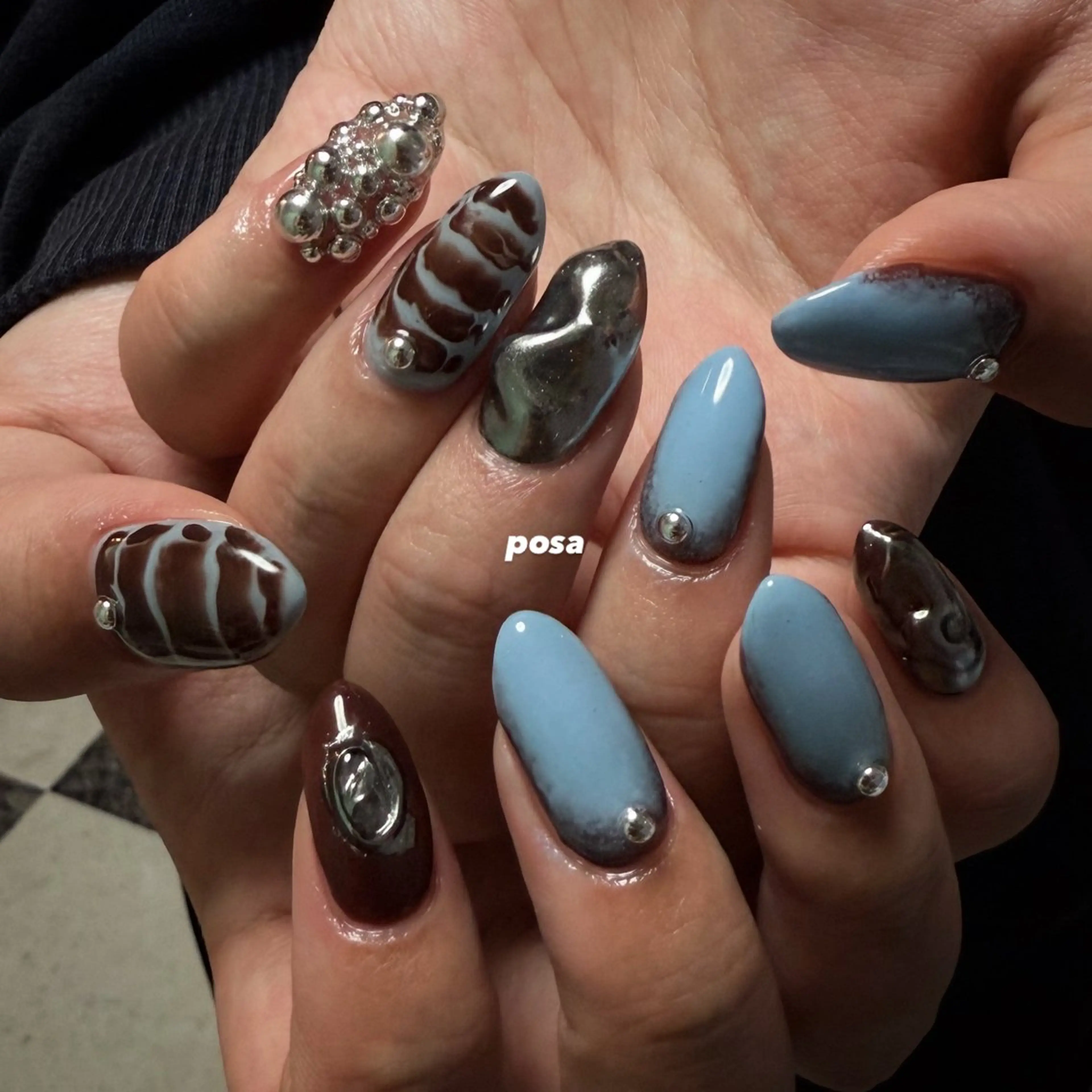 ネイル ブラウン 水色 持ち込み シンプルネイル ハンドネイル posa nail モエミのネイルデザイン