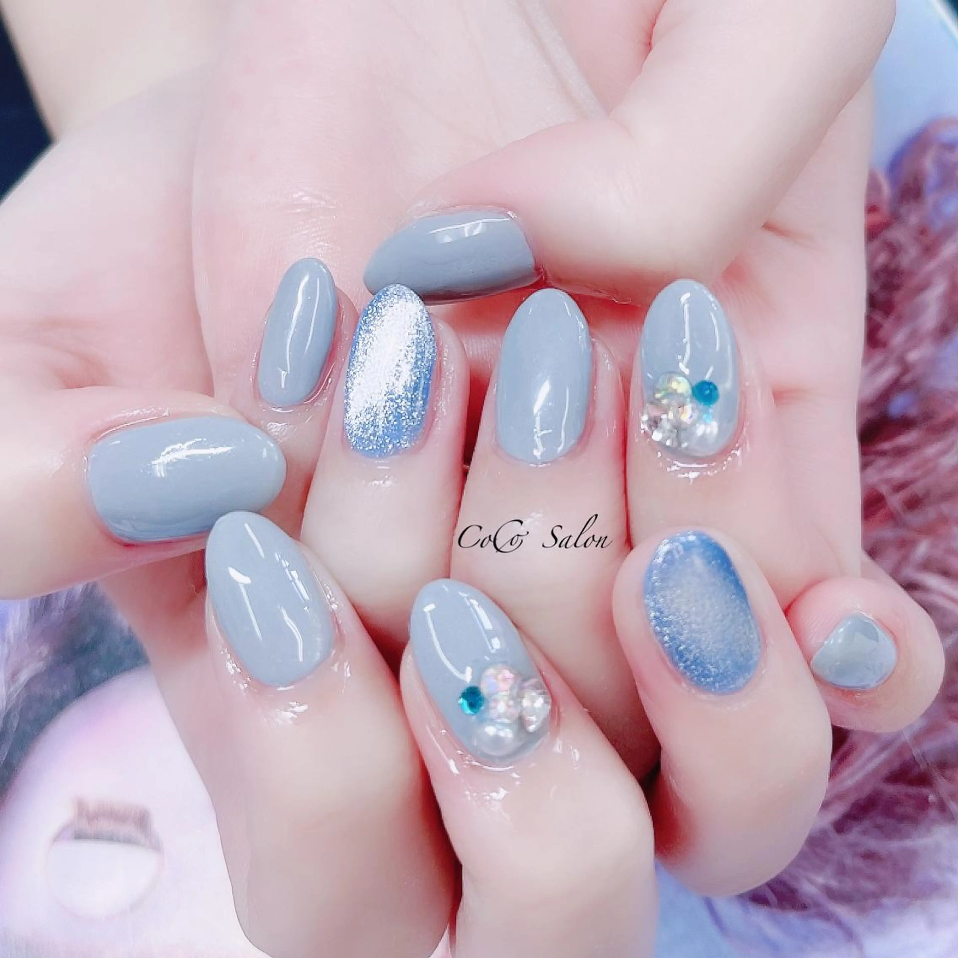 ネイル ブルー 長さ出し ジェルネイル マグネットネイル オフィスネイル ハンドネイル CoCoSalon ネイル/まつ毛予約のネイルデザイン