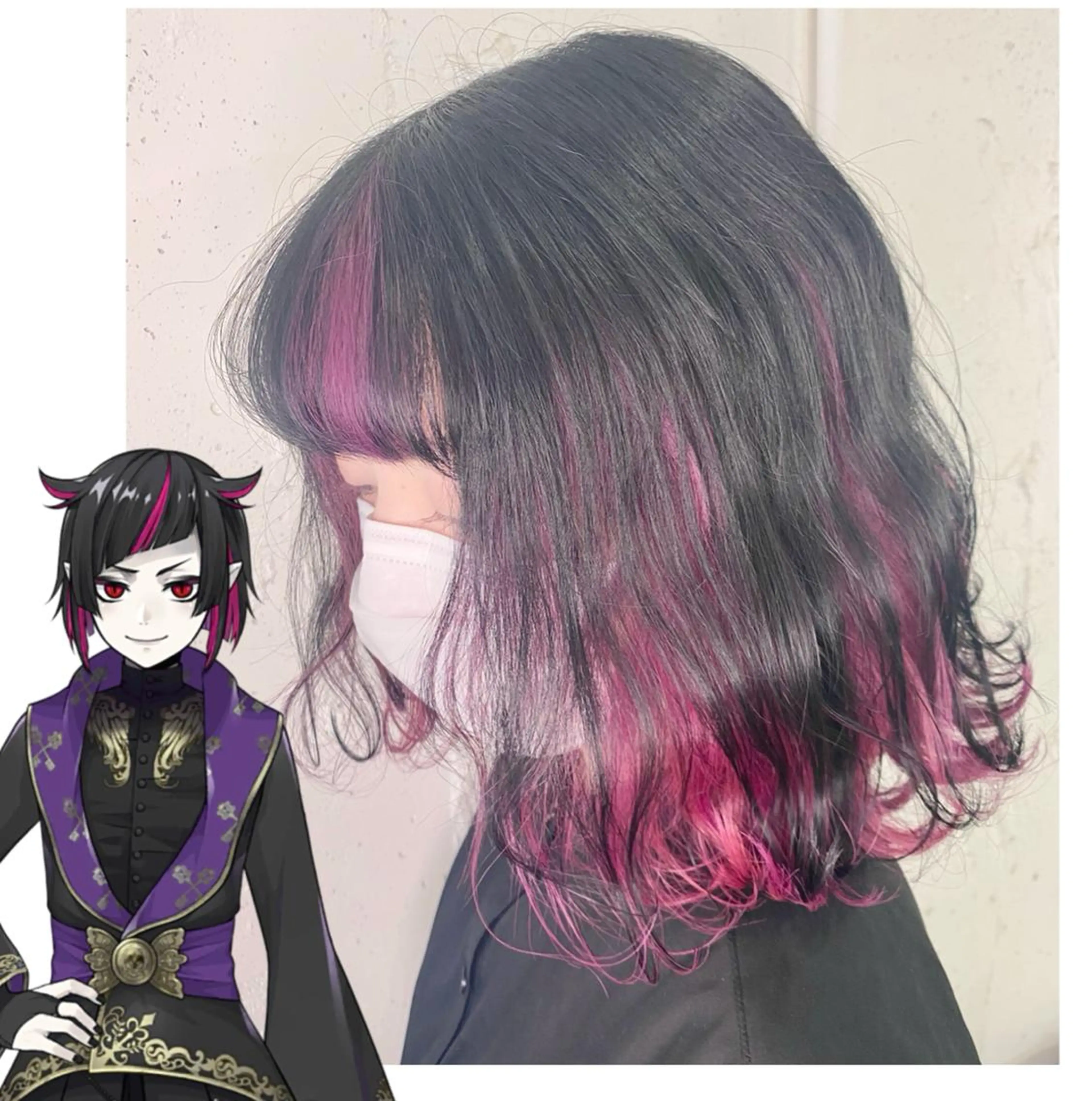 ミディアム カラー 黒髪 ブルーカラー ブルーブラック ピンクカラー TSUNO🦖 派手髪/オタク美容師のヘアスタイル