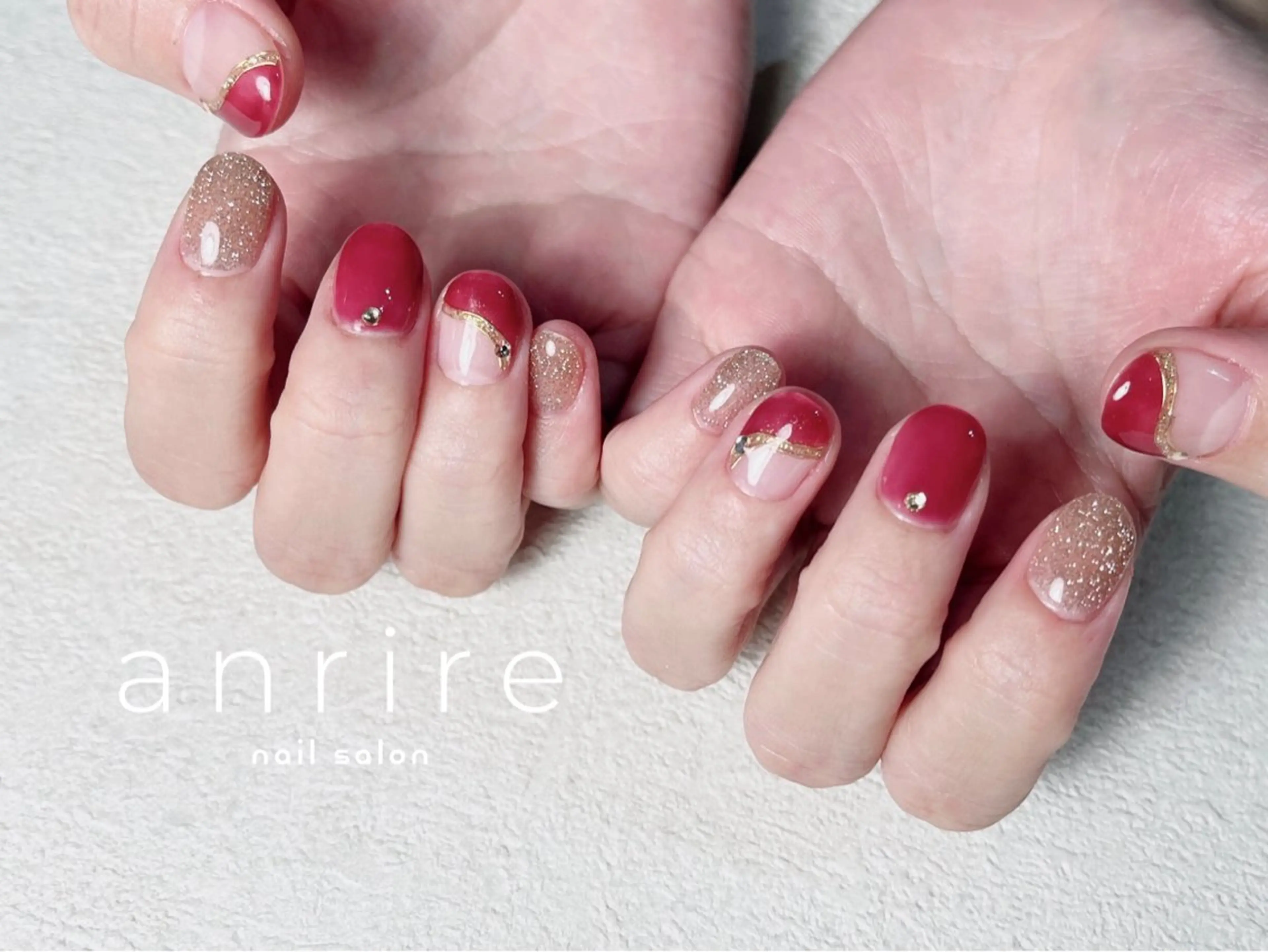 ネイル ボルドー フラッシュネイル フレンチネイル ジェルネイル キラキラネイル ハンドネイル nailsalon anrireのネイルデザイン