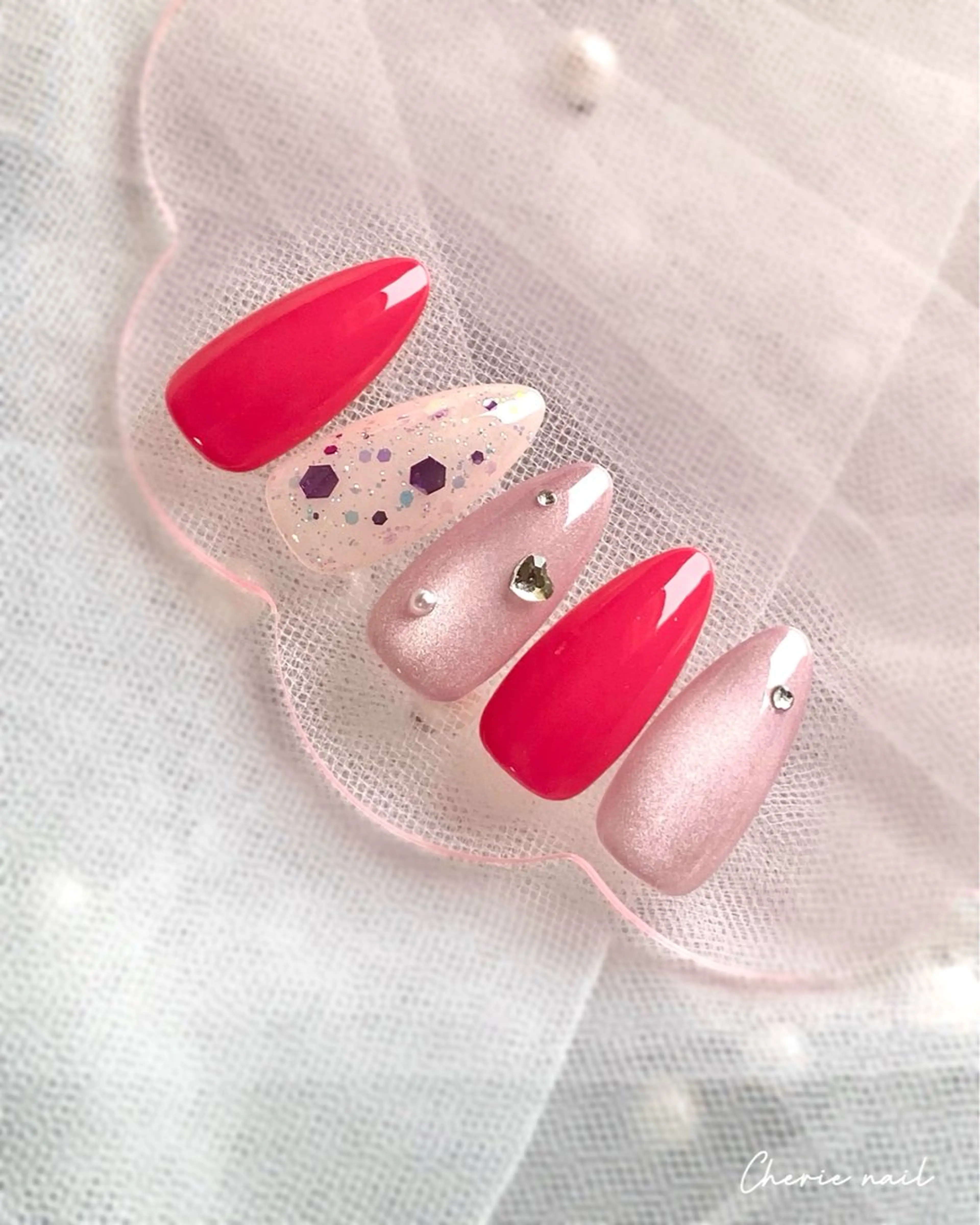 ネイル ジェルネイル ラメ(グリッター) マグネットネイル ピンク ハンドネイル Cherienail yunaのネイルデザイン