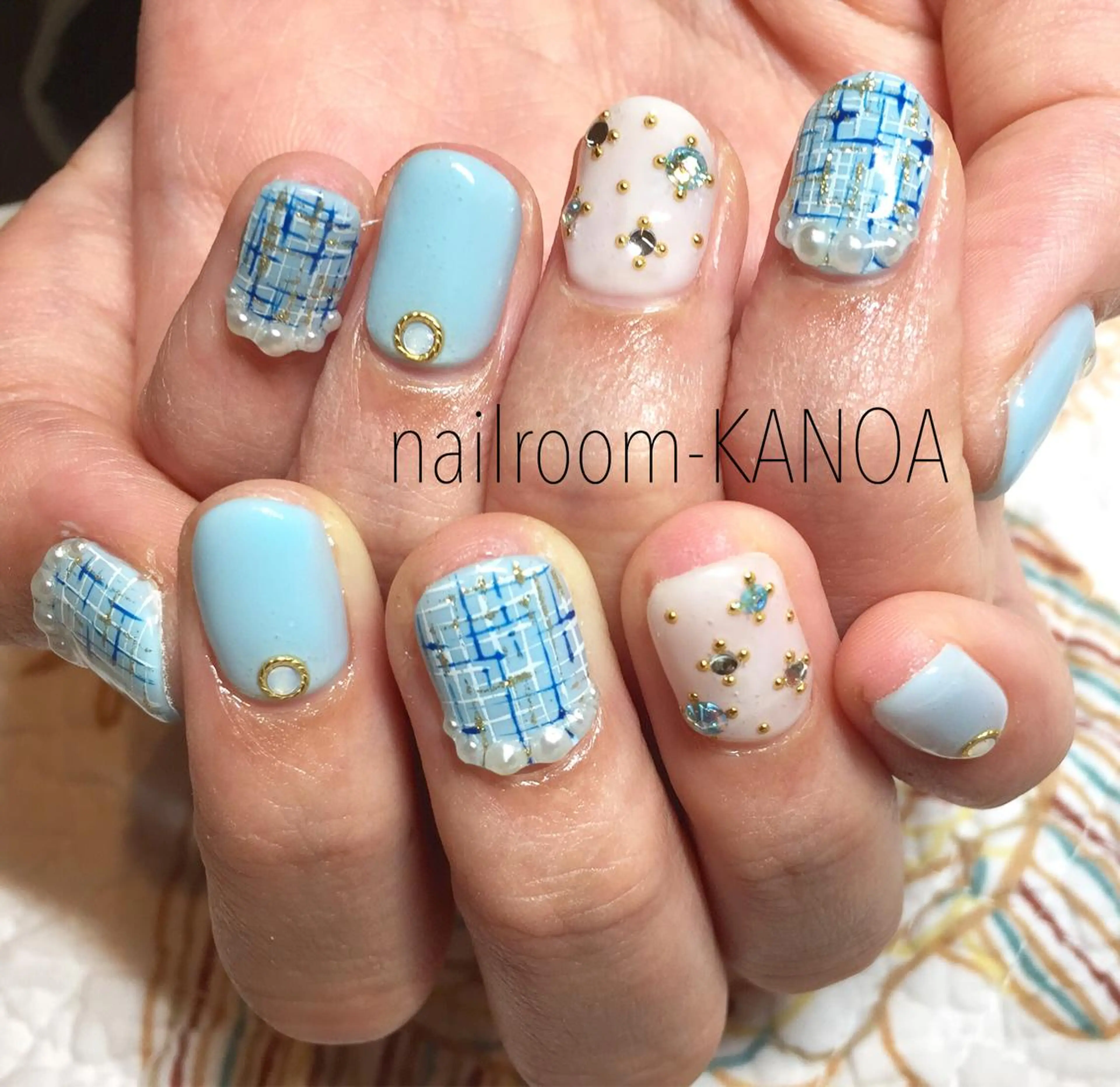 ショート ネイル 水色 ツイードネイル nailroom- KANOAのネイルデザイン