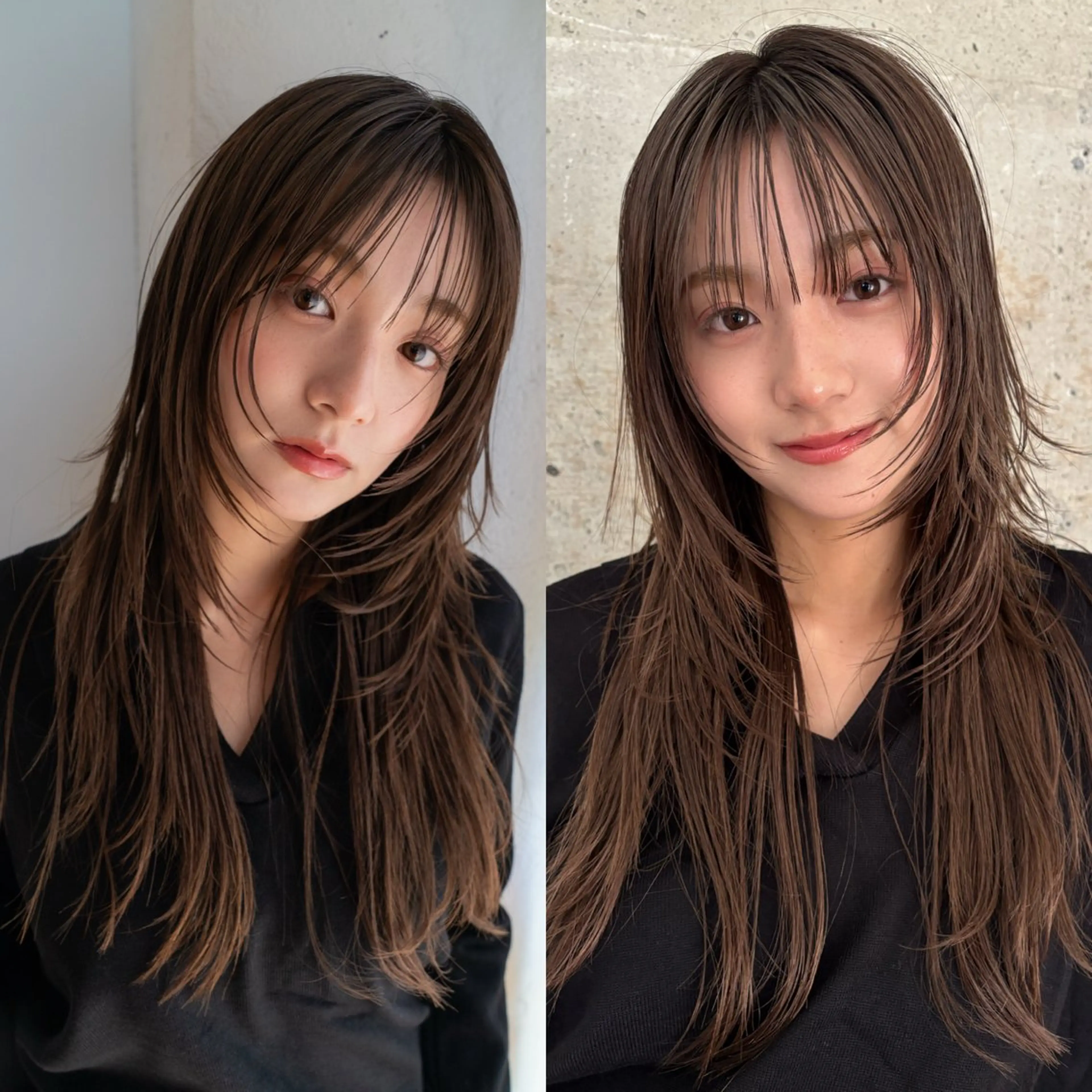 ロング カラー 顔まわりレイヤー 顔周りカット ハッシュカット レイヤーカット カット ヘアカラー トリートメント green 表参道のヘアスタイル