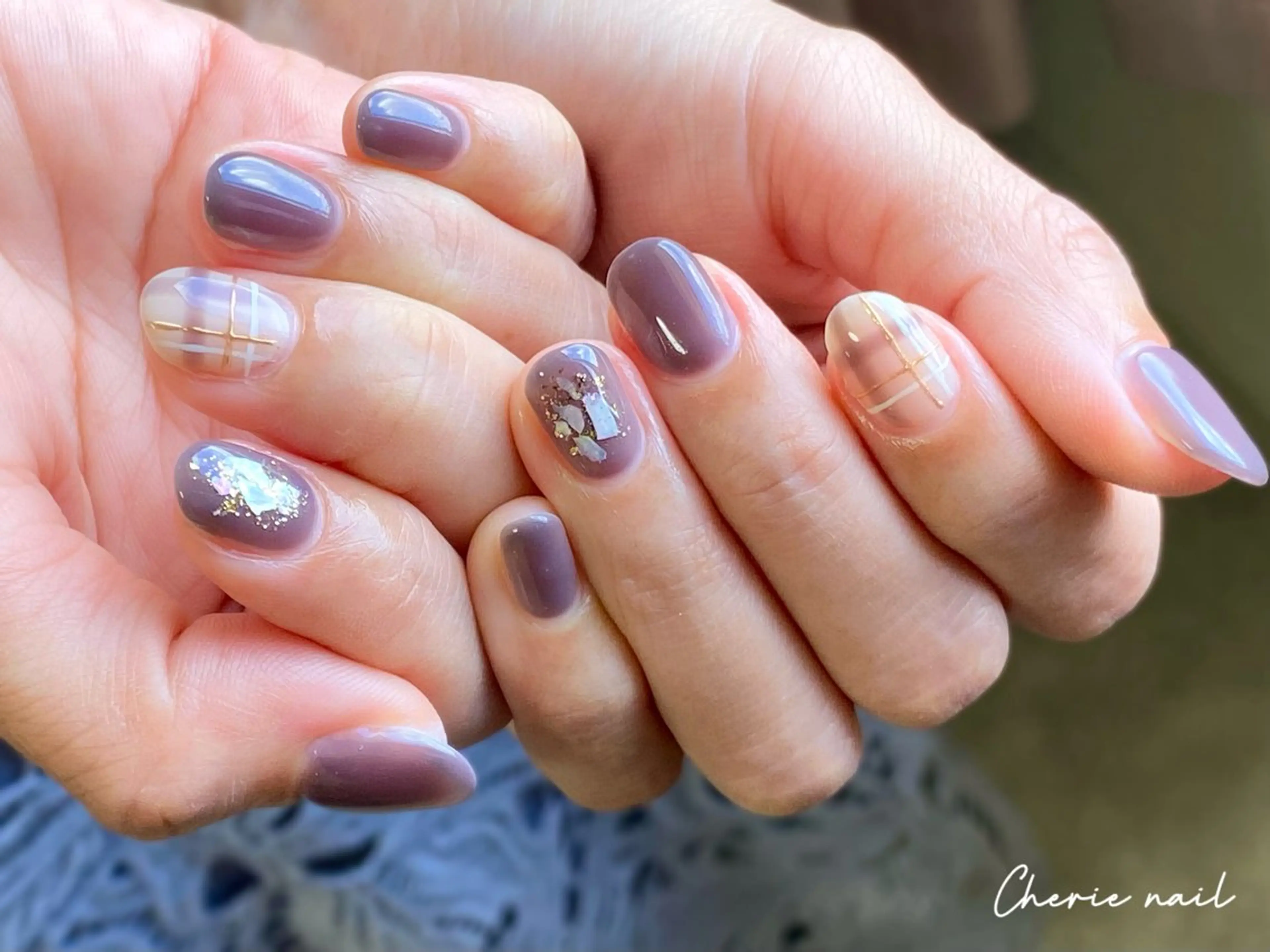 ネイル ジェルネイル ミラーネイル オフィスネイル パープル Cherienail yunaのネイルデザイン