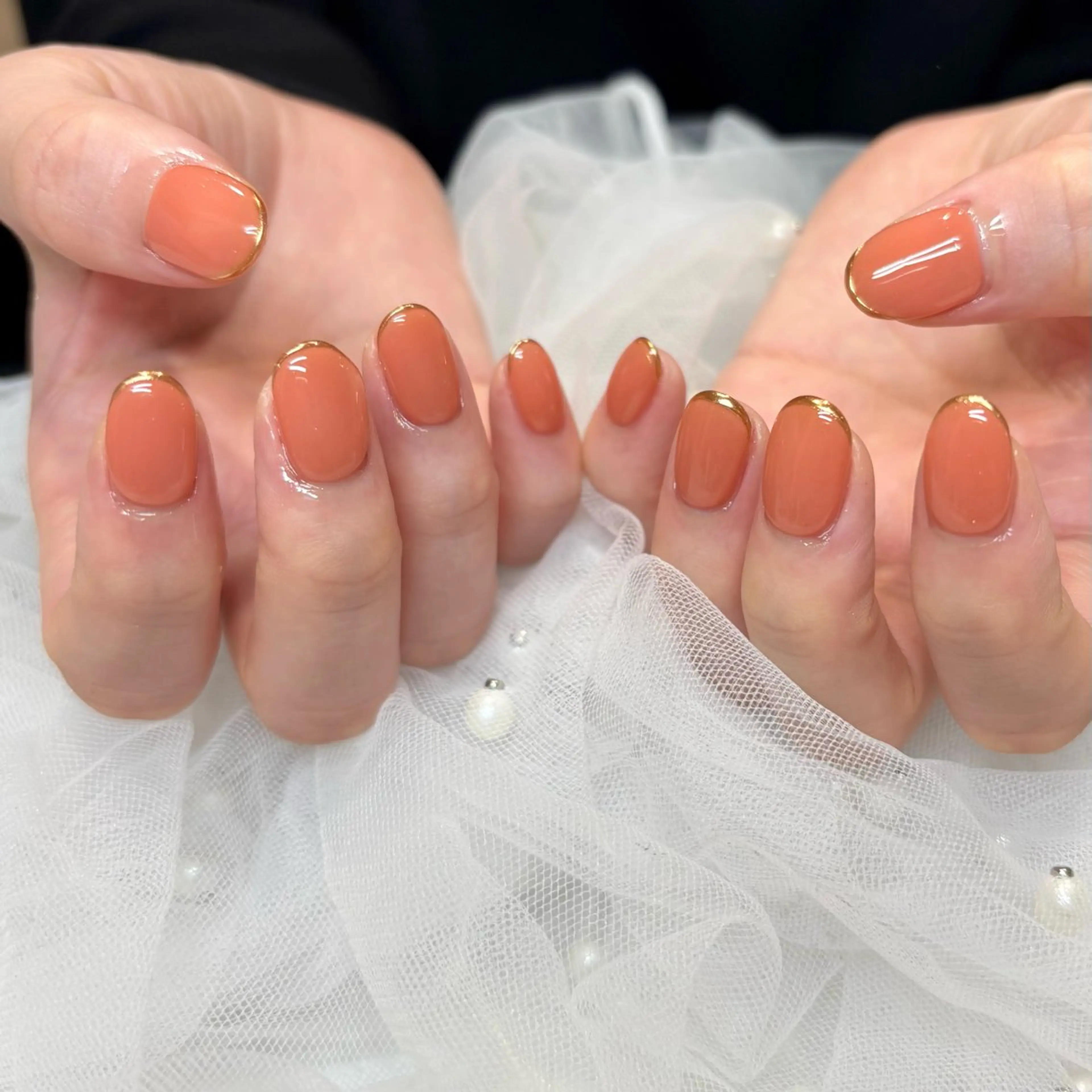 ネイル フレンチネイル ゴールド ミラーネイル オレンジ ハンドネイル 荒巻 めいのネイルデザイン