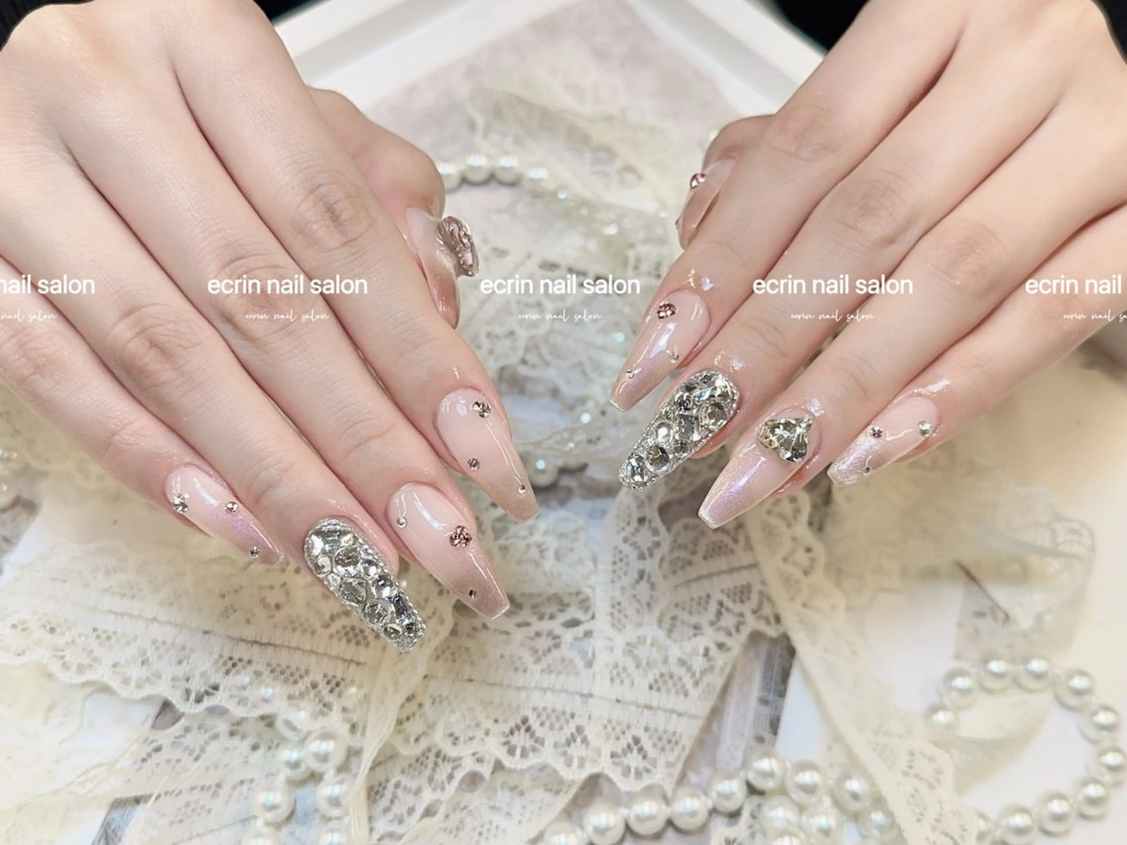ネイル ハート キラキラネイル マグネットネイル ミラーネイル ネイルチップ ハンドネイル ハンドケア ecrin nail salon錦糸町のネイルデザイン