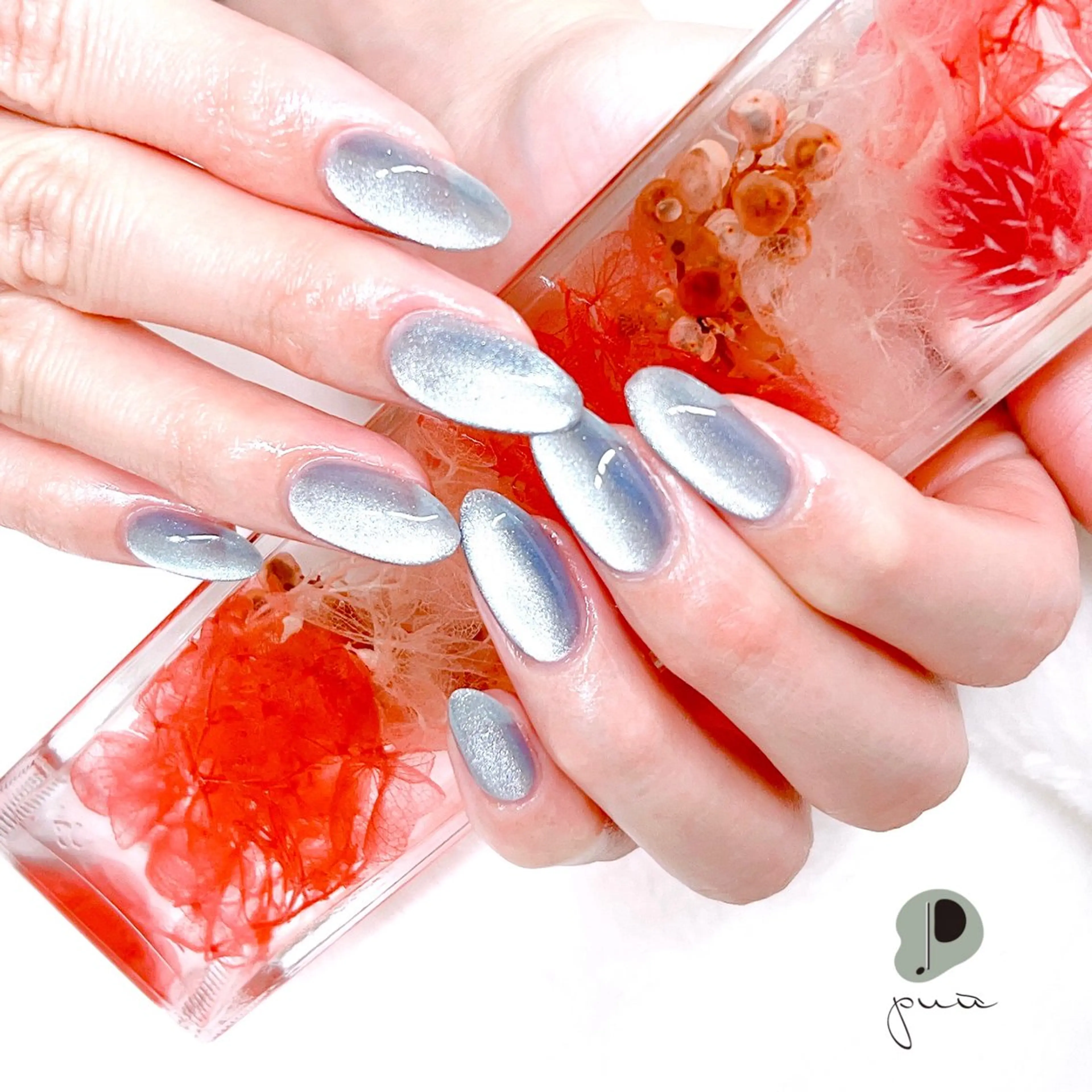 ネイル ブルー ジェルネイル マグネットネイル マグネットワンカラー ワンカラーネイル ハンドネイル Nail salon puu kyotoのネイルデザイン