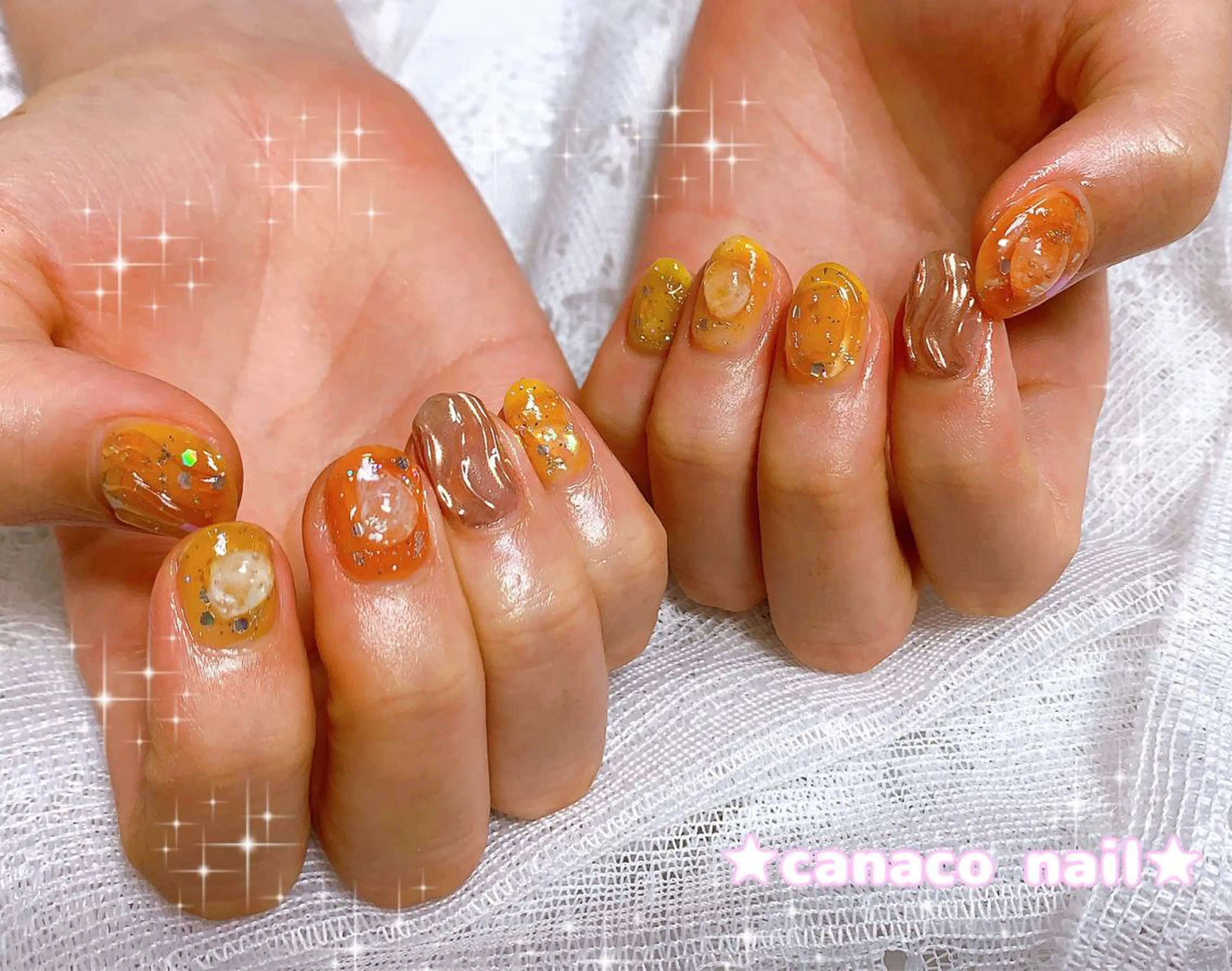 ネイル アートネイル ブラウン ジェルネイル グリーン オレンジ ハンドネイル ハンドケア Felice所属・ベテランネイル cnc  nailのネイルデザイン