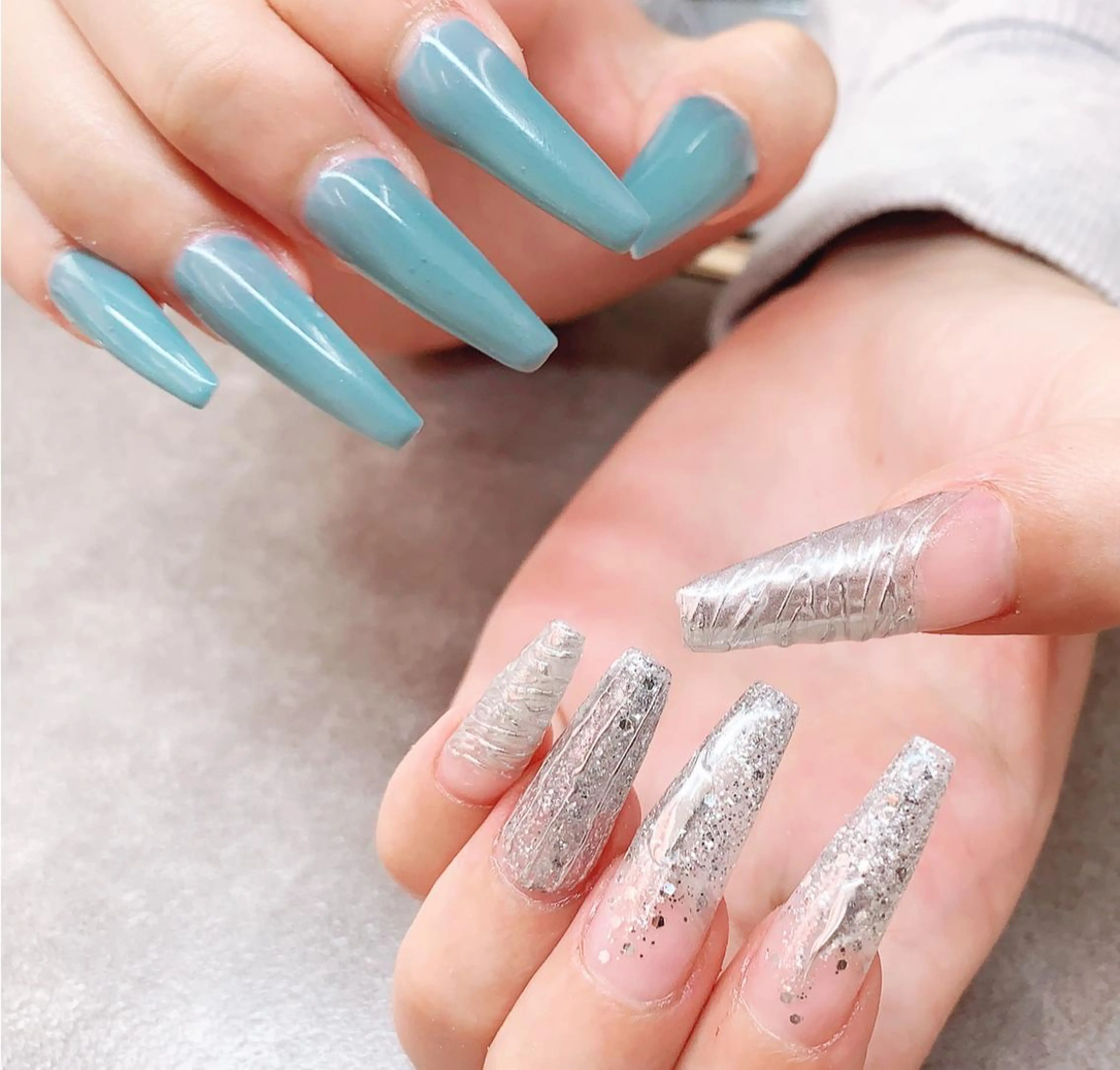 ネイル ブルー ジェルネイル ハードジェル ロングネイル ミラーネイル Lilas Nailのネイルデザイン