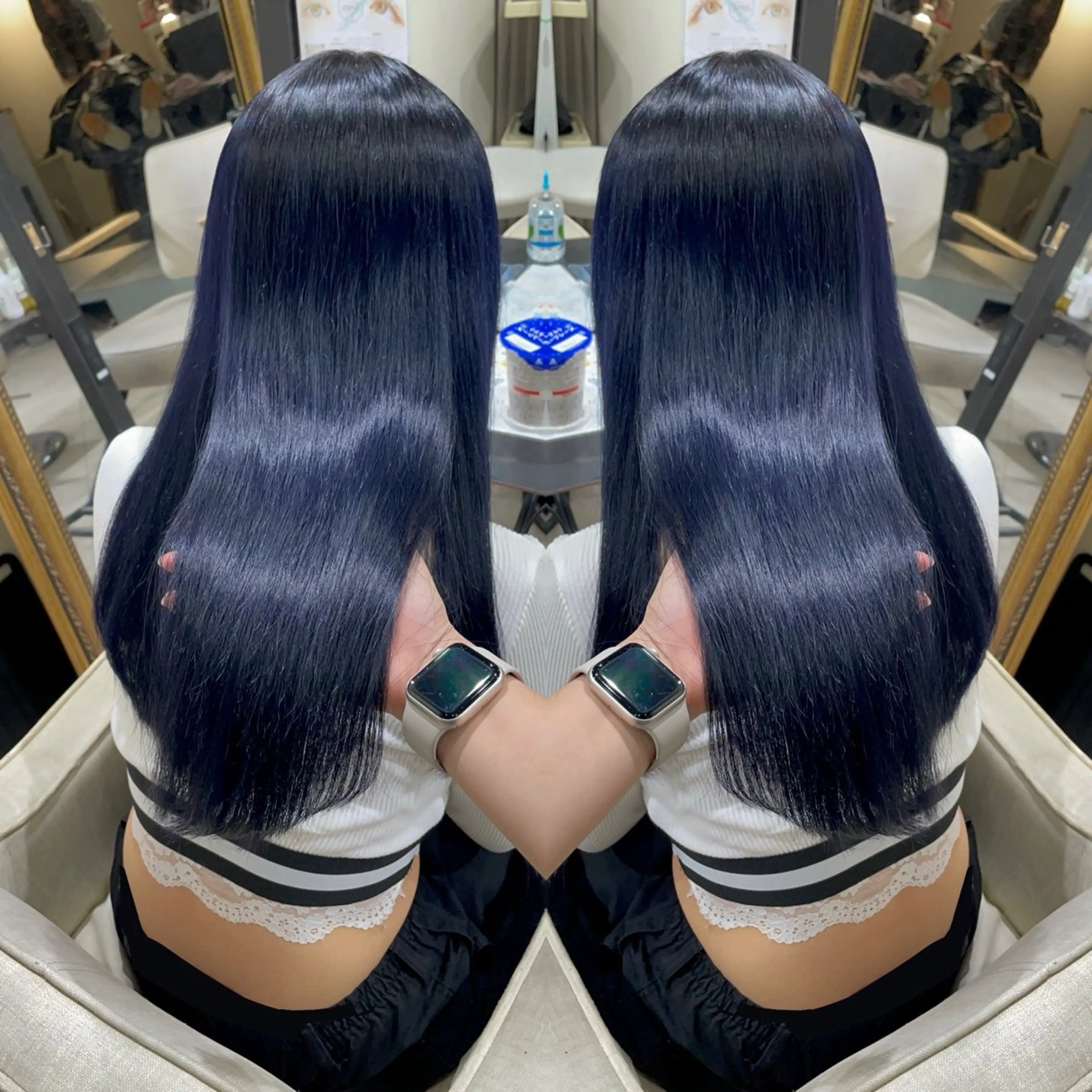 ロング カラー 黒髪 ブルーカラー ブルーブラック ダブルカラー ネイビーカラー ヘアカラー 🦋美髪／エクステ 🦋アベイクミのヘアスタイル