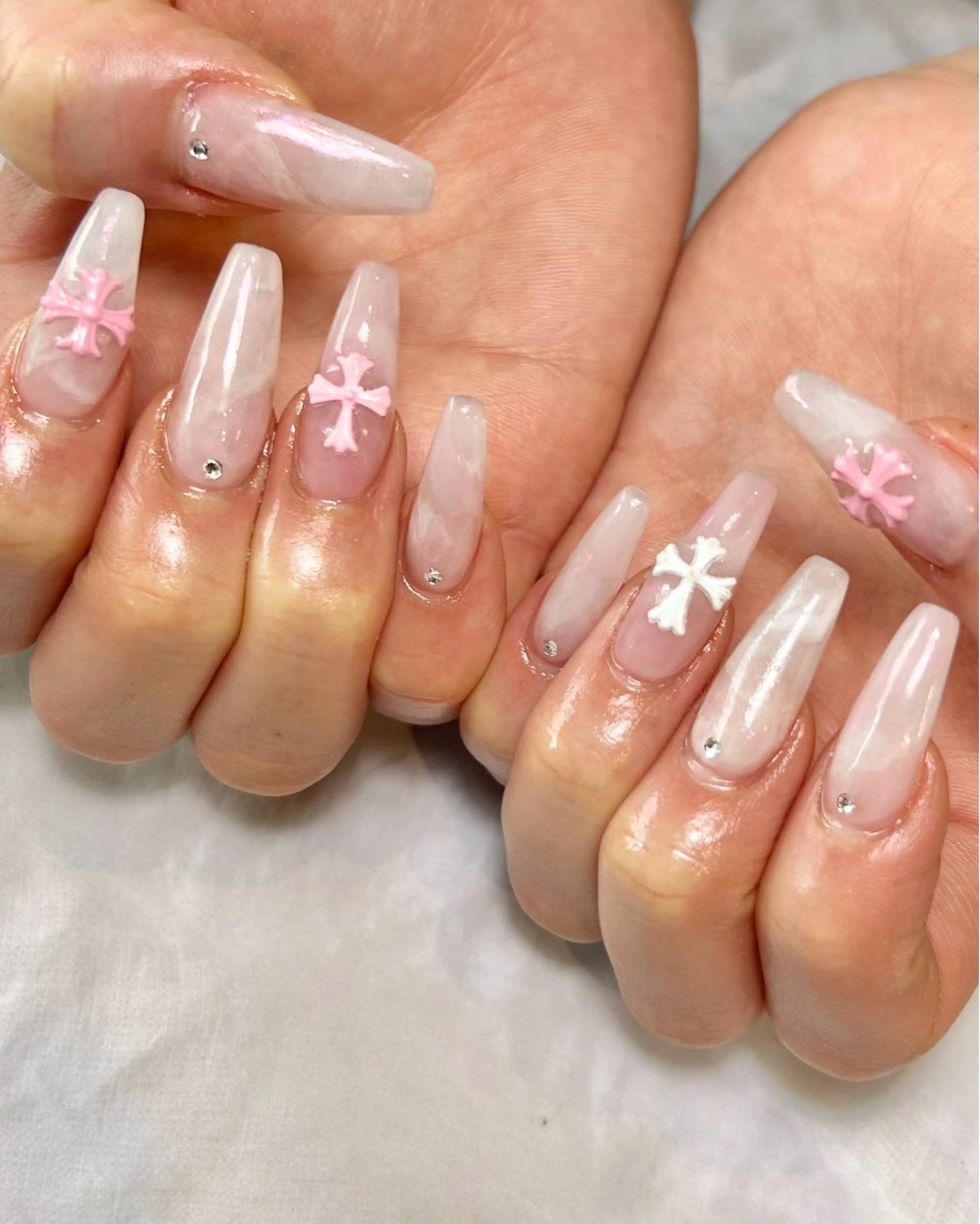 ネイル 大理石ネイル(マーブル) 持ち込み ピンク ホワイト ハンドネイル Reflection marikoのネイルデザイン