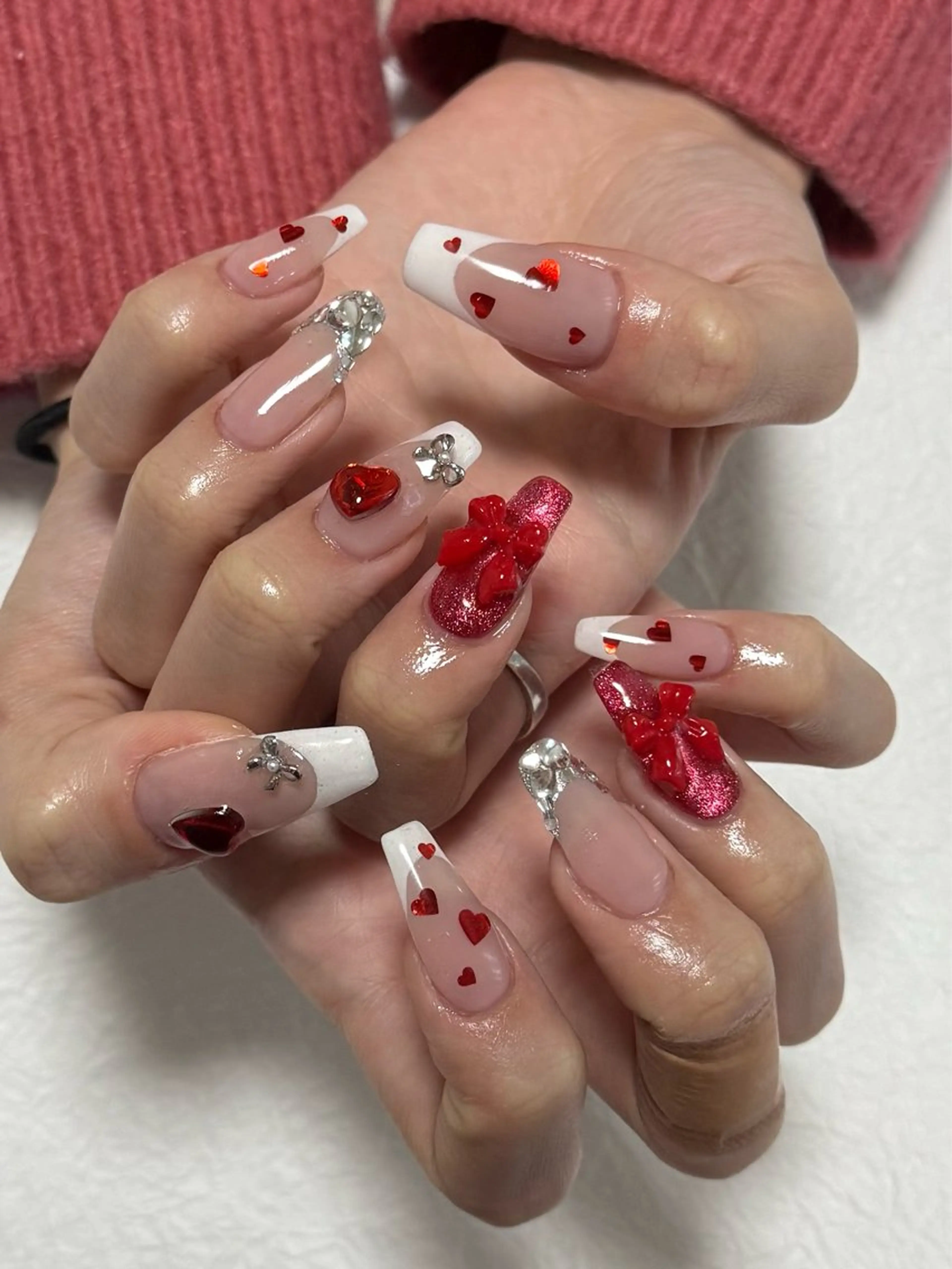 ネイル フレンチネイル ハート マグネットネイル リボン AZNAIL matsudaのネイルデザイン