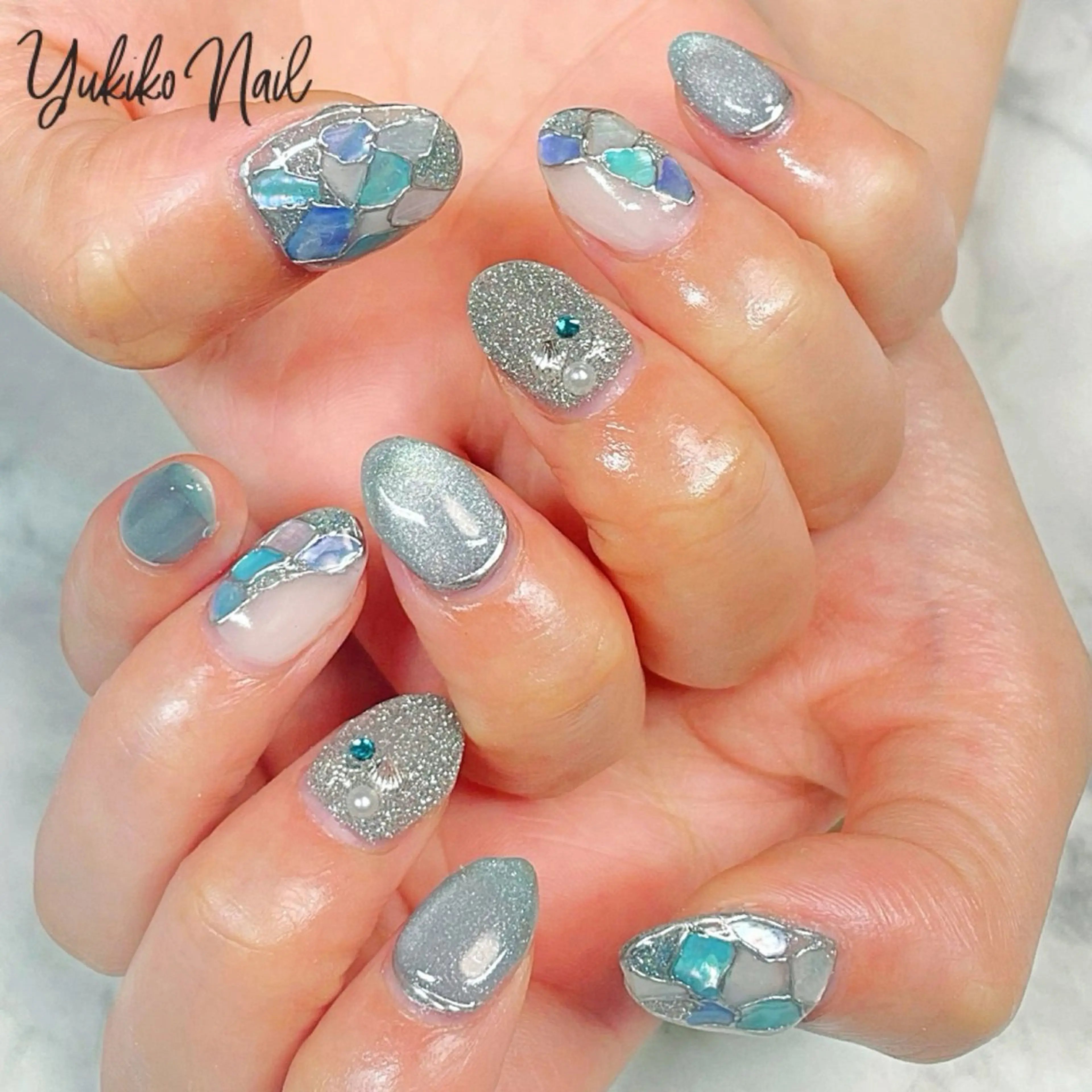 ネイル ブルー フラッシュネイル マグネットネイル ミラーネイル ユキコ ネイルのネイルデザイン