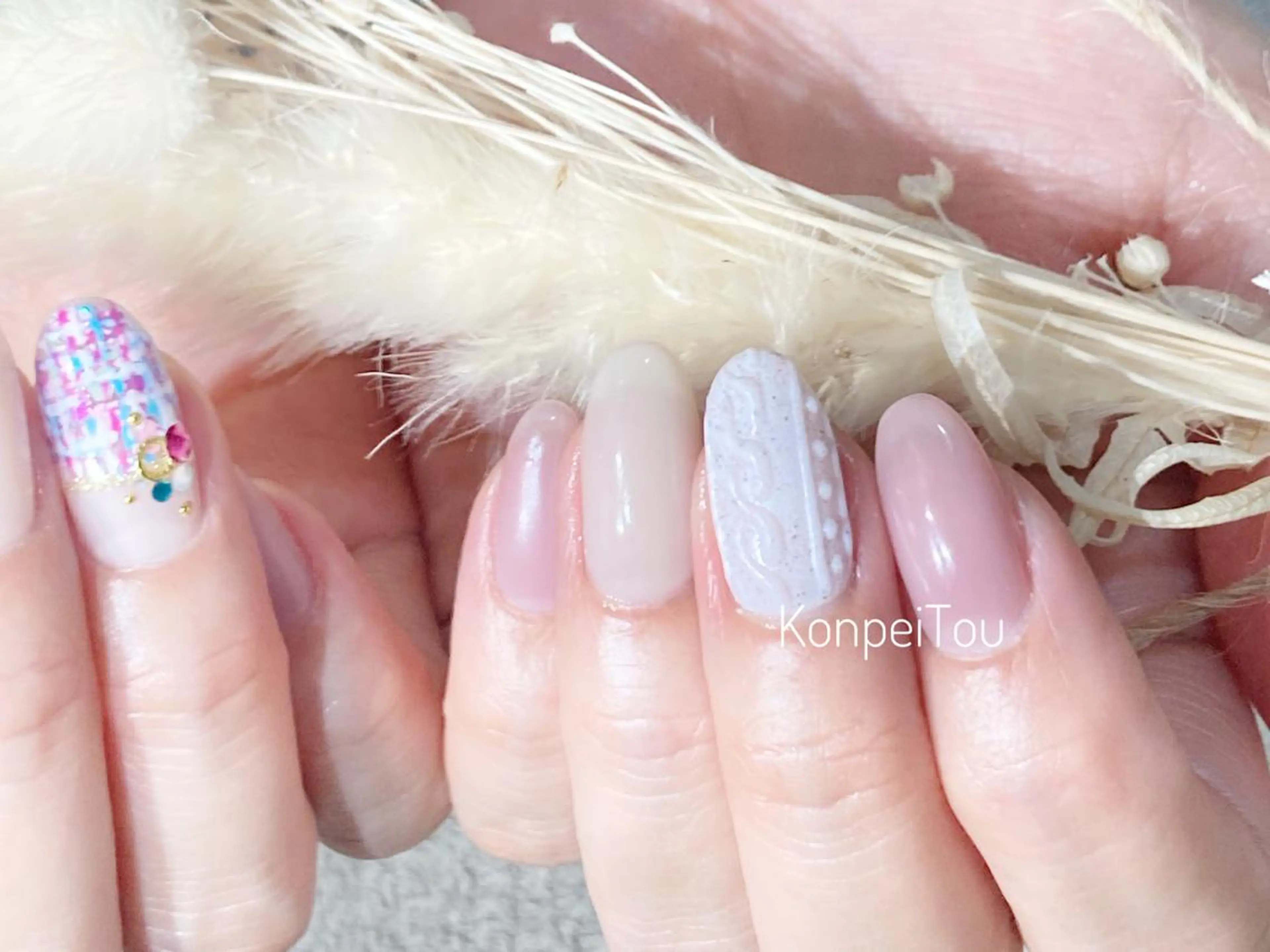 ネイル 春ネイル ツイードネイル ハンドネイル おうちのネイルサロン KonpeiTouのネイルデザイン