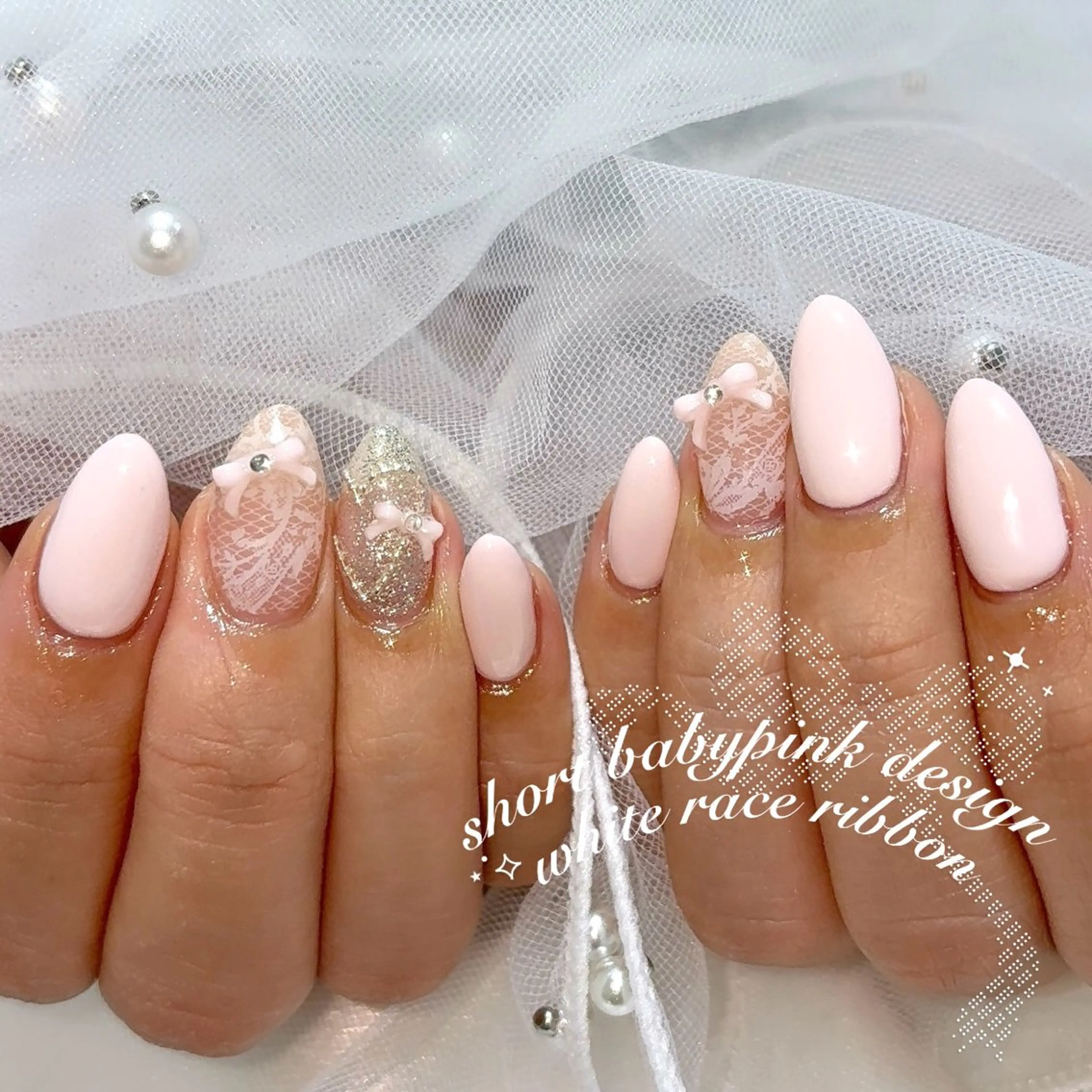 ネイル リボン ハンドネイル Blanche mimi.u_aのネイルデザイン